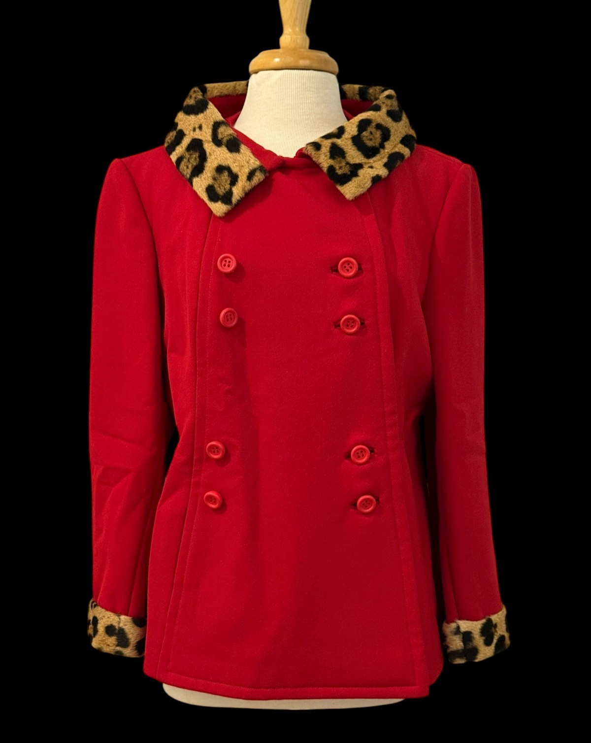 Vintage 1960s Red Wool Gabardine Blazer Jacket Leopard Print Collar & Cuffs Sz L