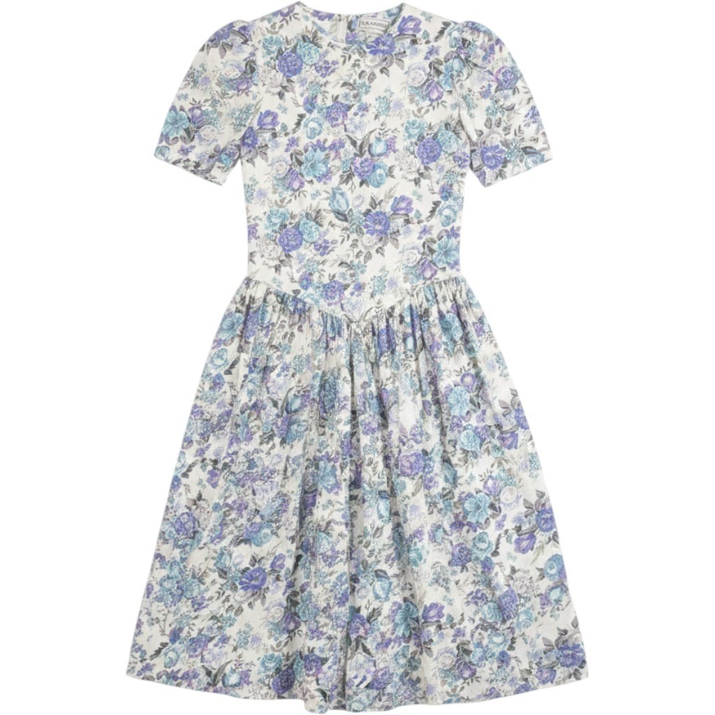 Vintage S. Roberts Floral Midi Dress Blue Purple V-Waist Cottagecore Size 10