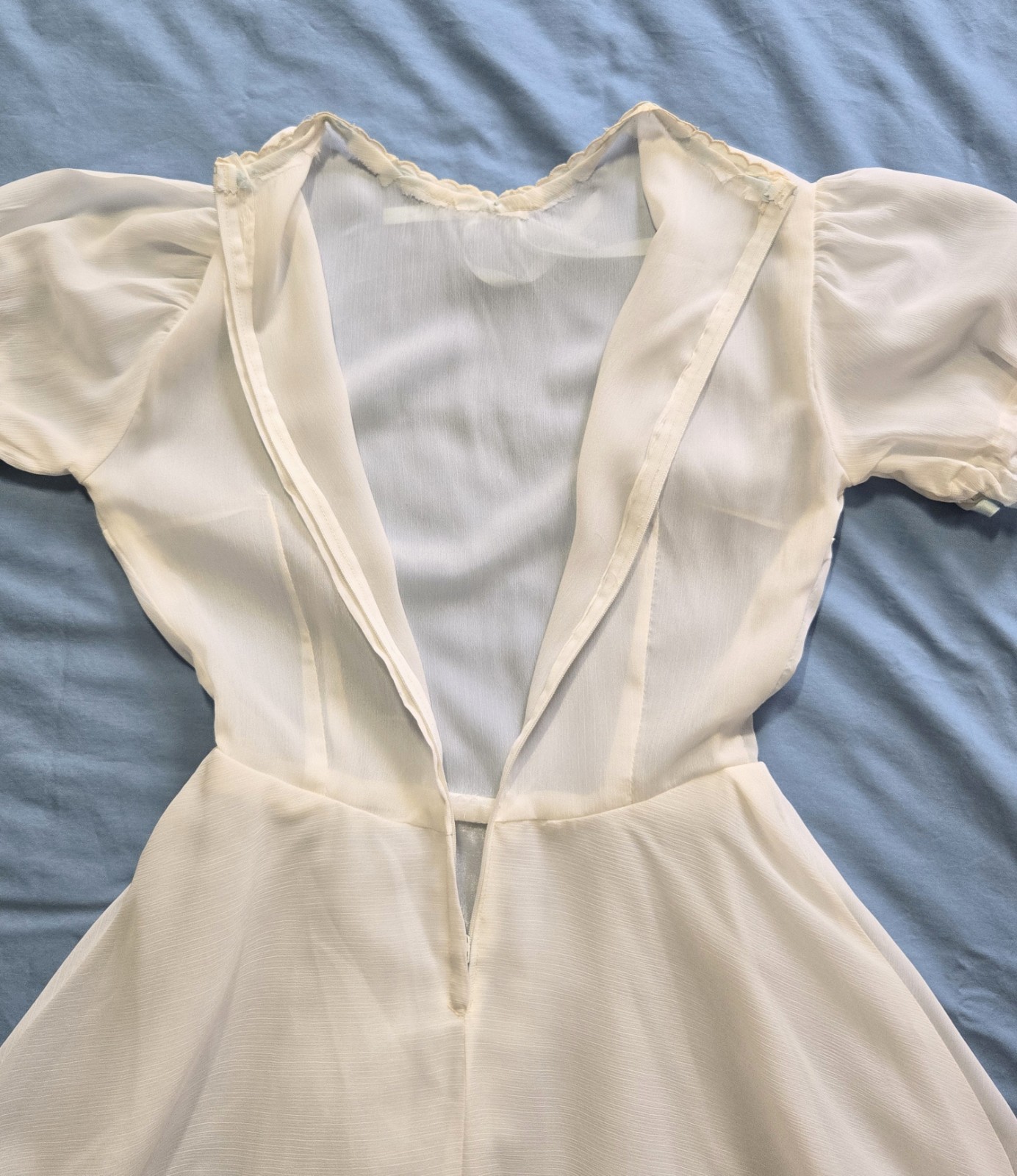 Vintage Simple White Puff Sleeve Circle Skirt Dress with Blue Ribbon Handmade