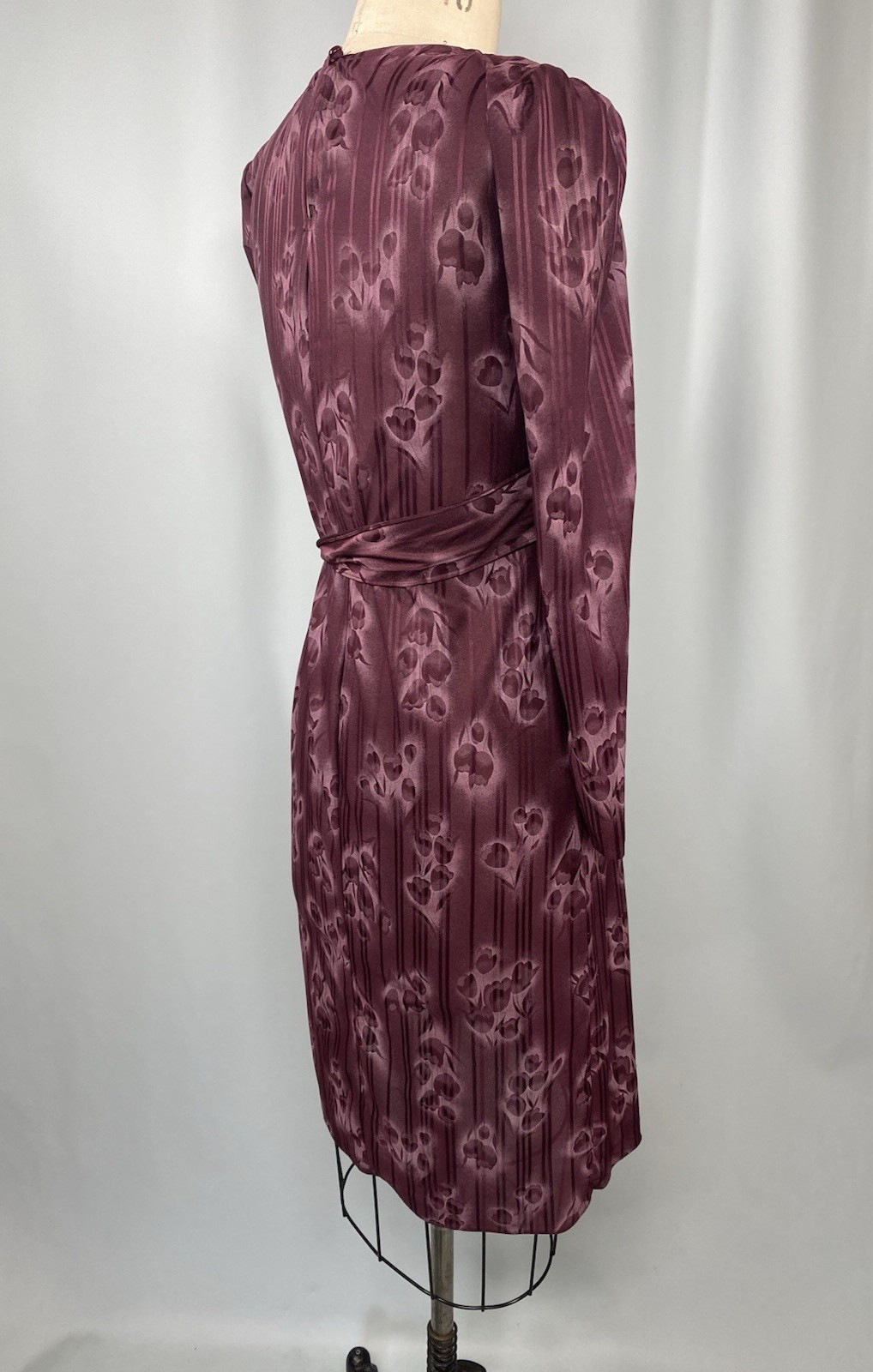Vintage Dress SIZE SMALL burgundy wine purple floral 70s tie waist long sleeve