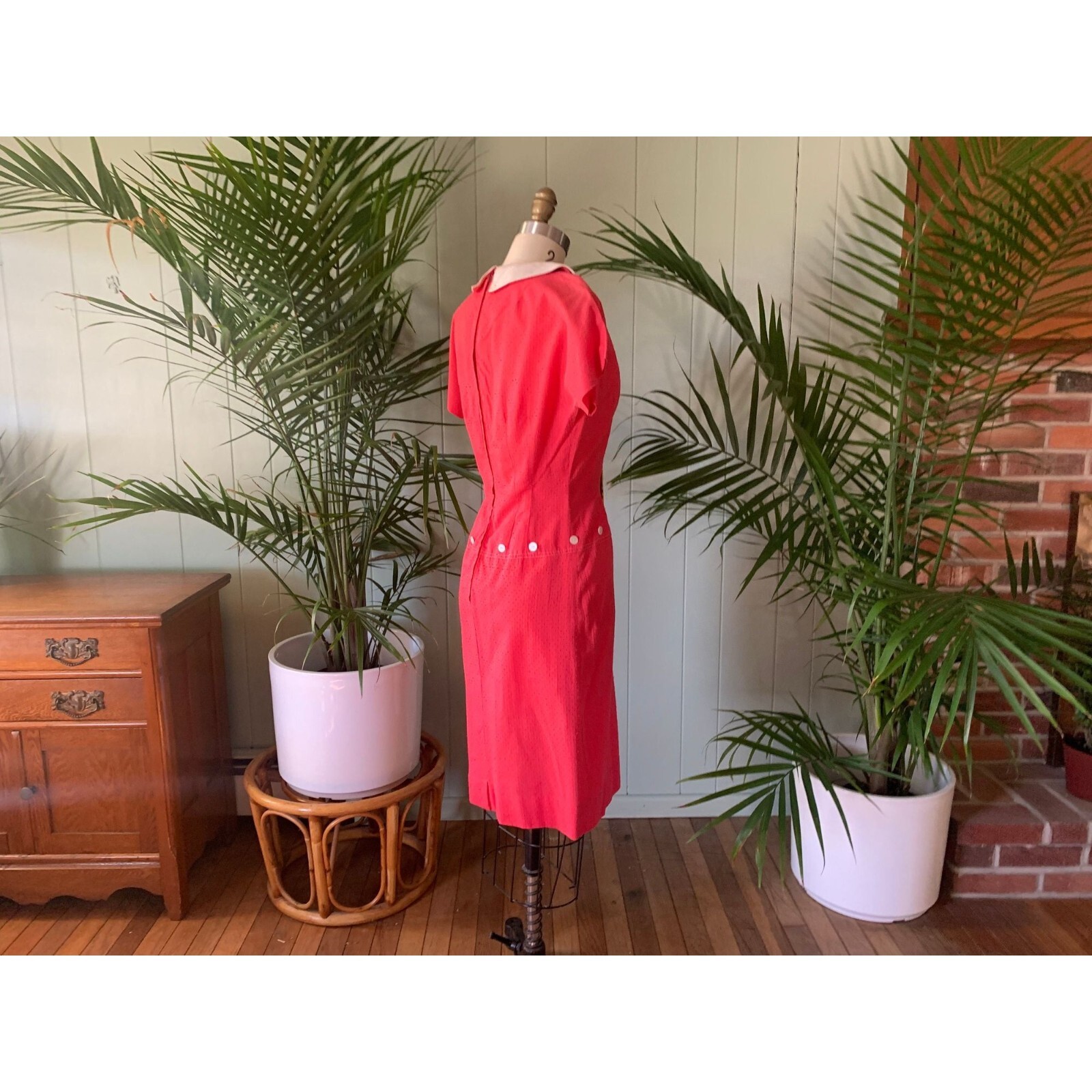 Vintage 1960s Red Dotted Swiss Cotton Dress White Collar Yellow Red Scarf