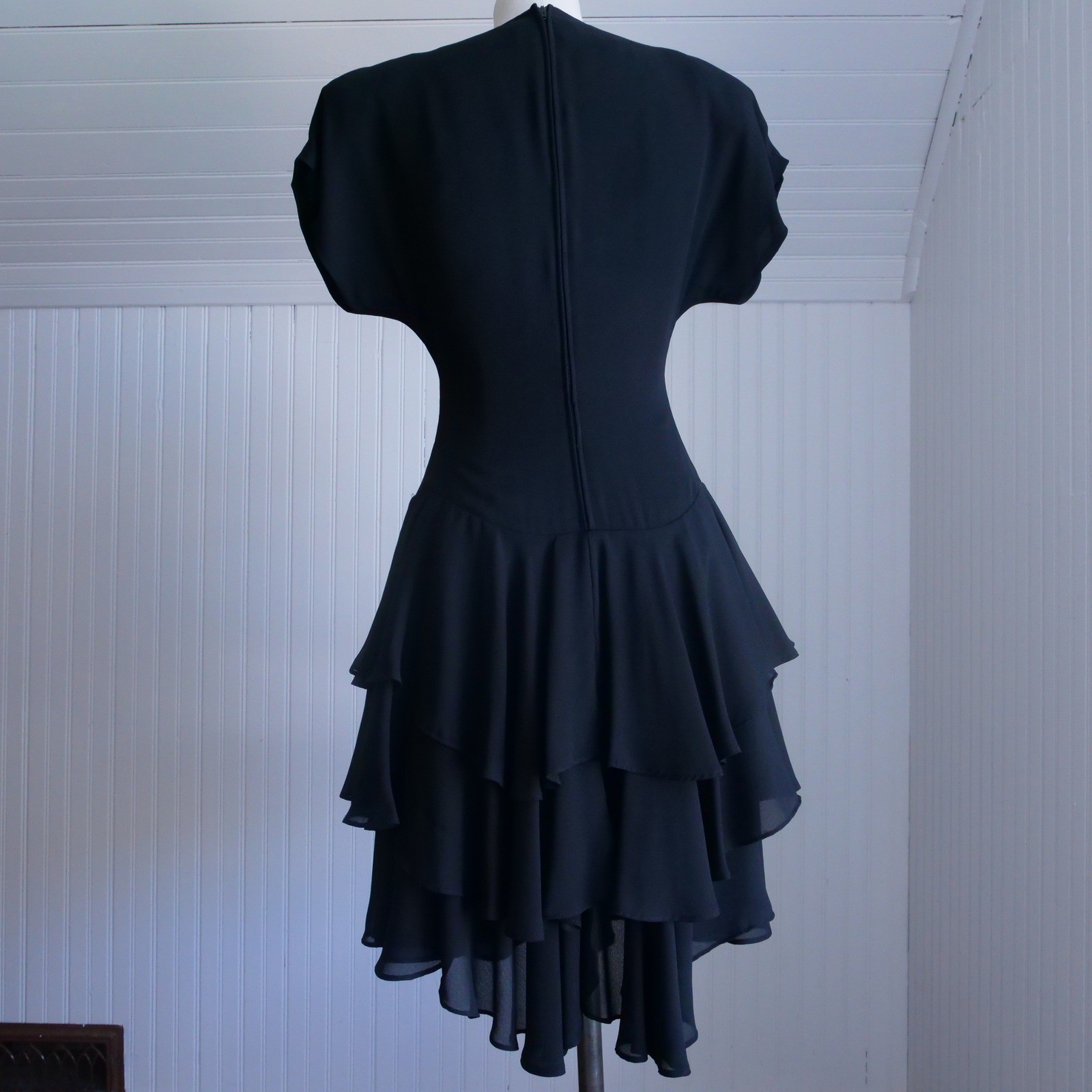 Great vintage 1990s Samantha Black dropped waist ruffle skirt black party dress