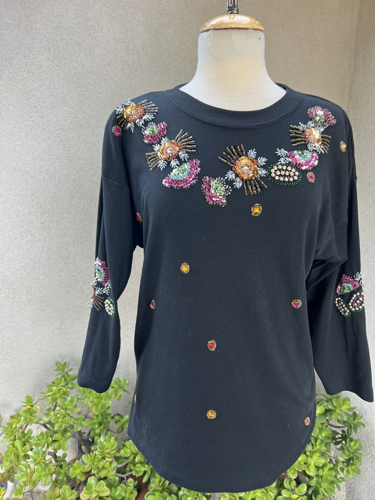 Vtg Top Sweatshirt glam black tunic beads sequins Size Medium By Eminent