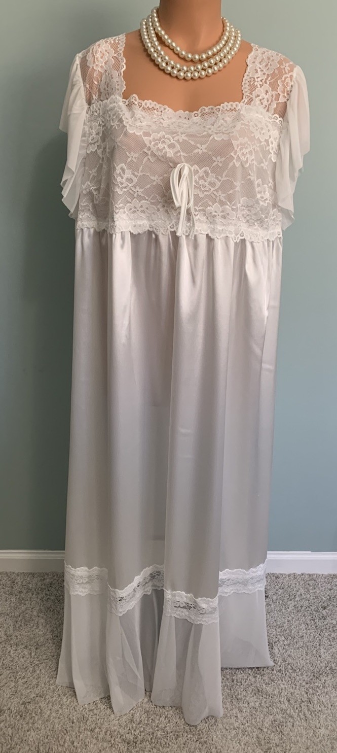 New Glossy 3X Satin & Chiffon Slip Dress Nightgown Lounge Bridal White Elegant