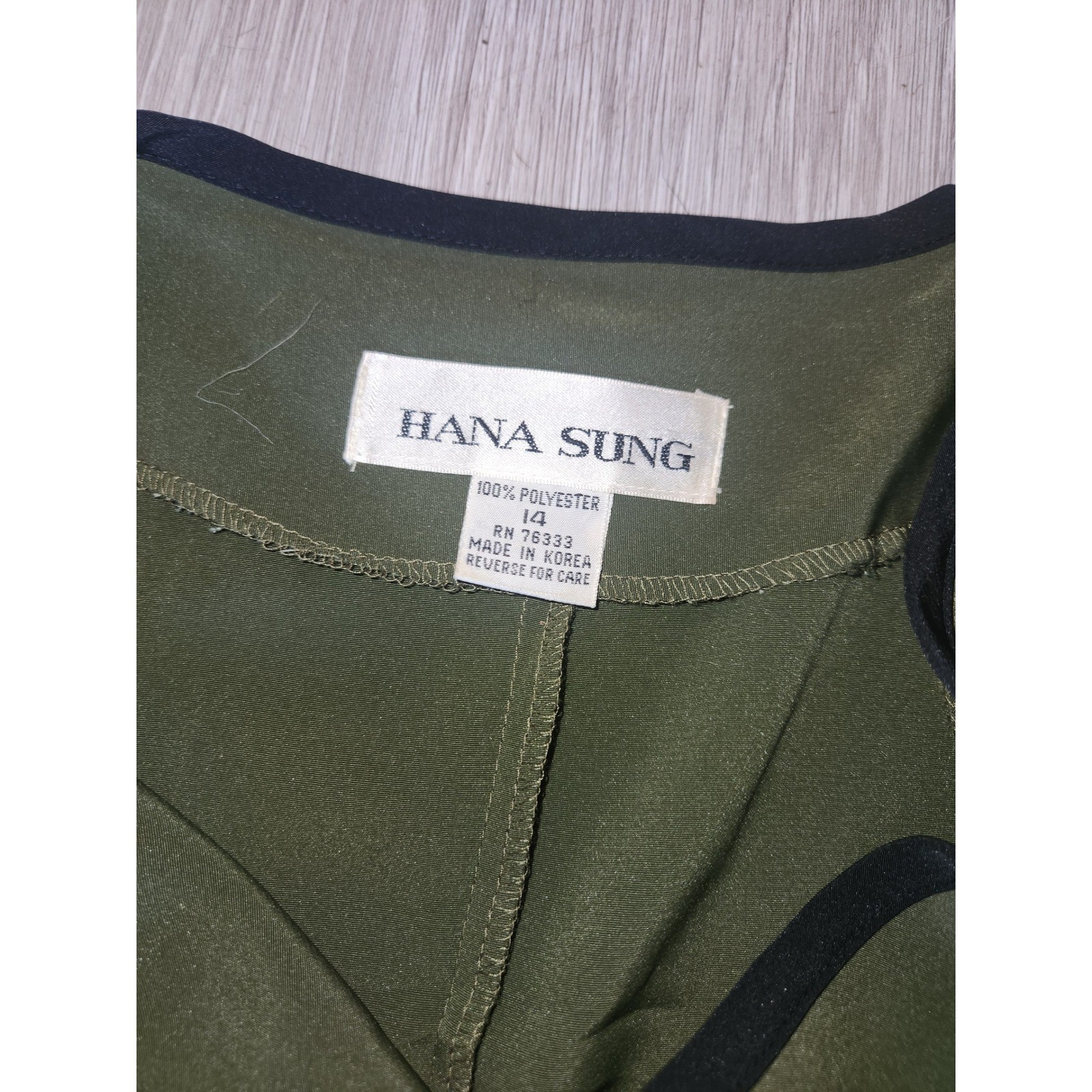 Hana Sung NEW Vintage Olive Green Wavy Trim Button Front Midi Dress Size 14