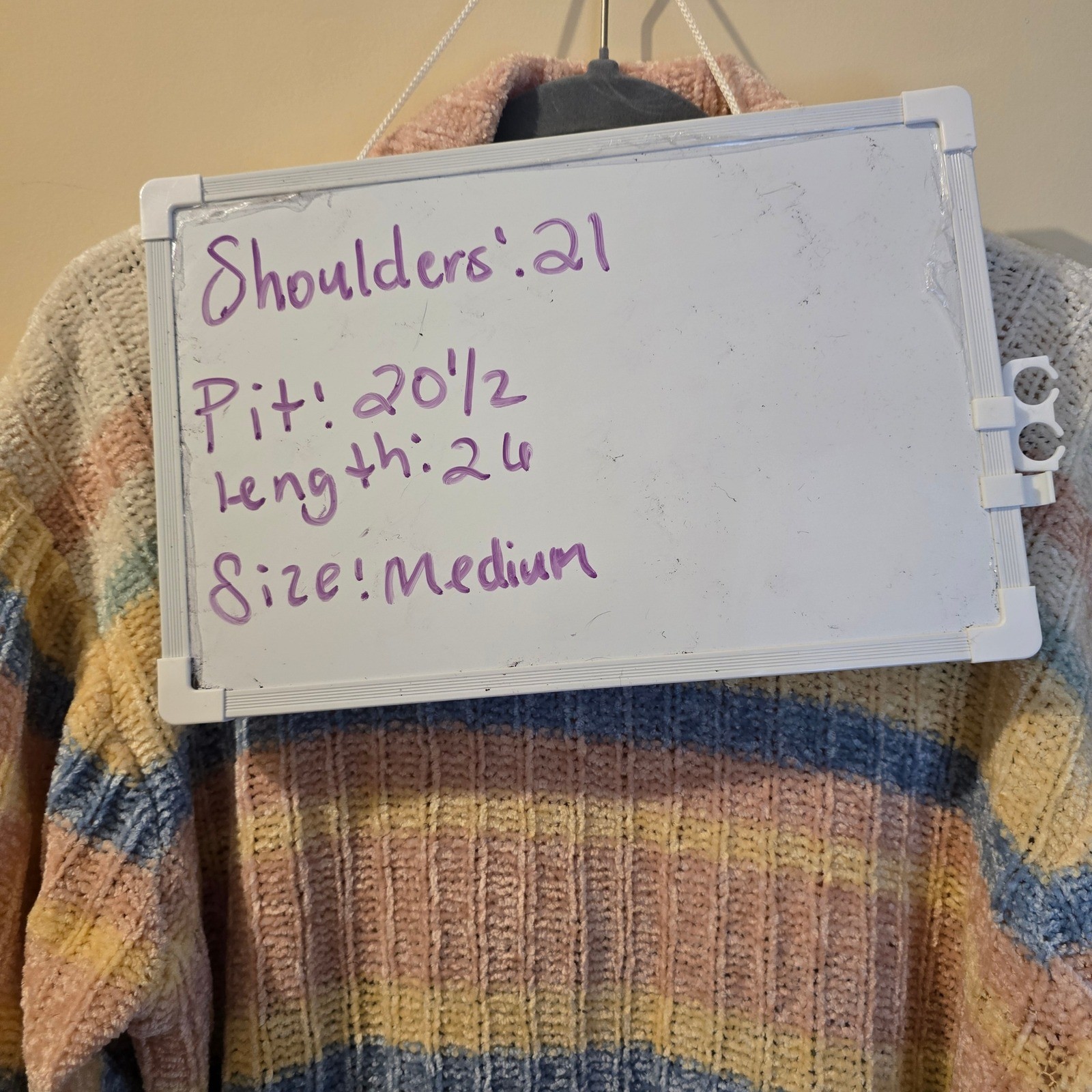 Gina Peters Vintage Pastel Striped Chenille Turtleneck Sweater Pink Blue Yellow