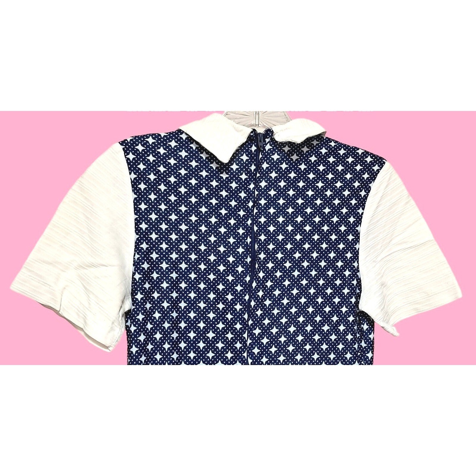 Retro Vintage 70s Geometric Star Tunic Pant Set Womens Small Navy White Mod