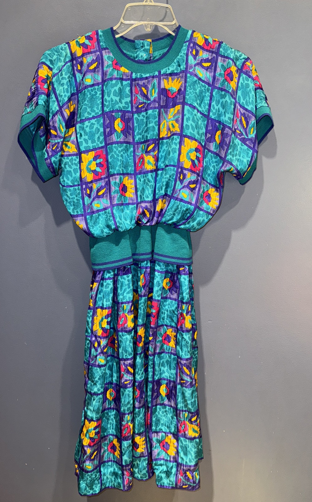 Womens Medium Vintage Shirt Dress, Floral Color Block Banded Waist Secretary