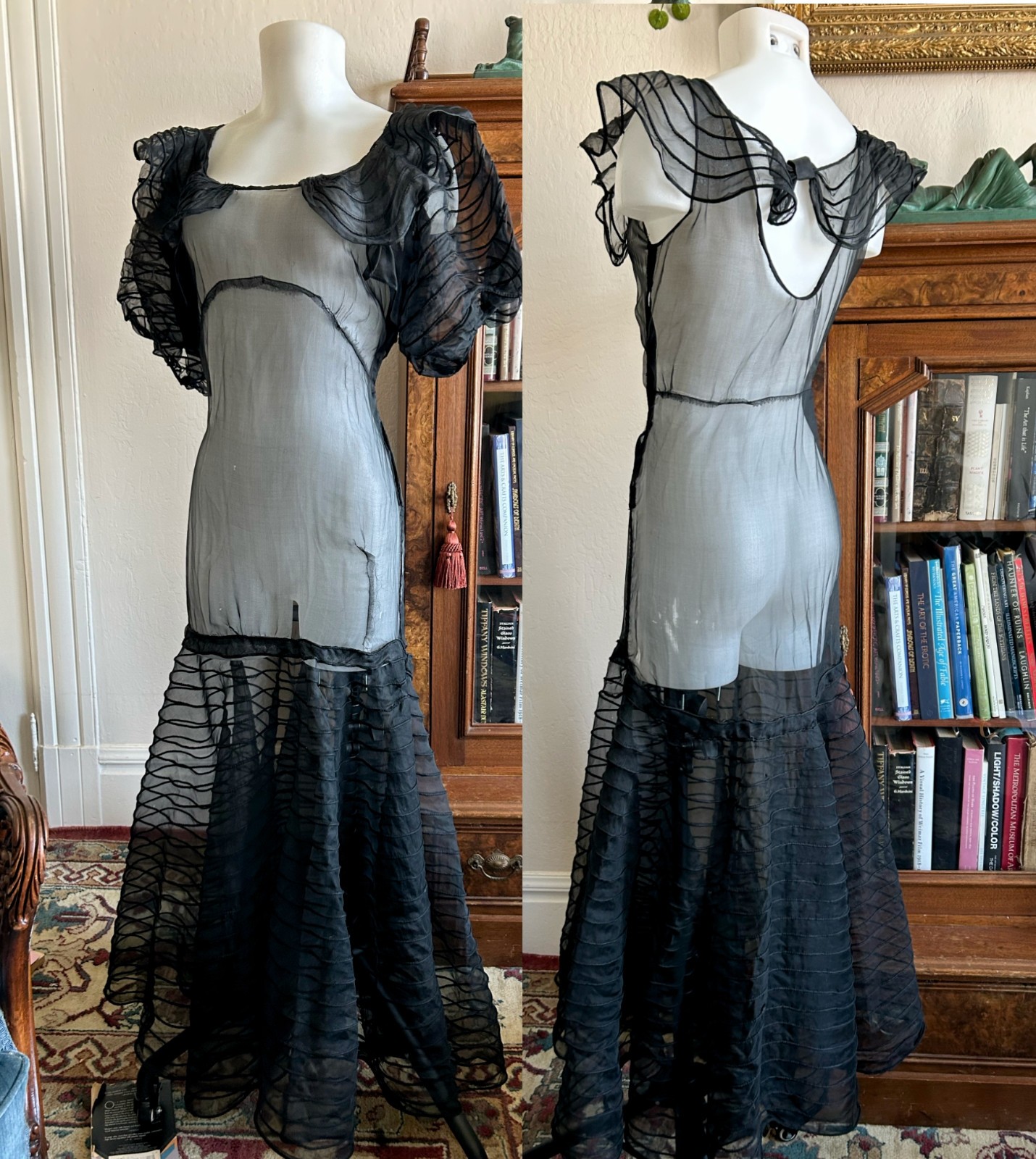 Vintage 1930s Sheer Black Mesh Net Gown Dress Bolero Set Bias Cut Deco Maxi S/M