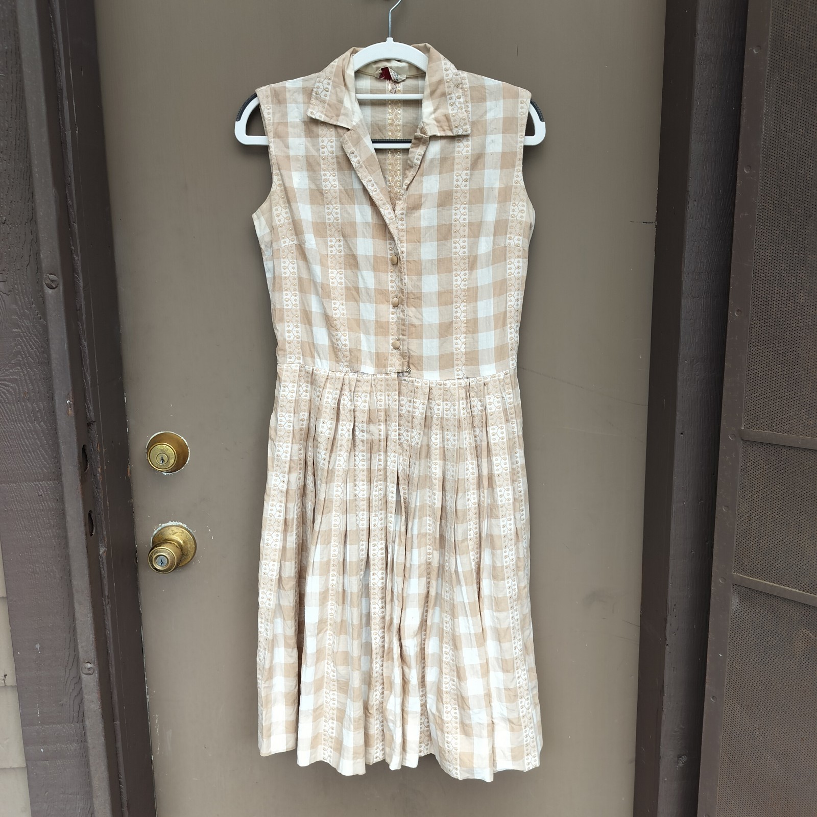 Vintage Serbin of Florida Classic Tan Checkered Shirt Dress Pleats Gold Accents