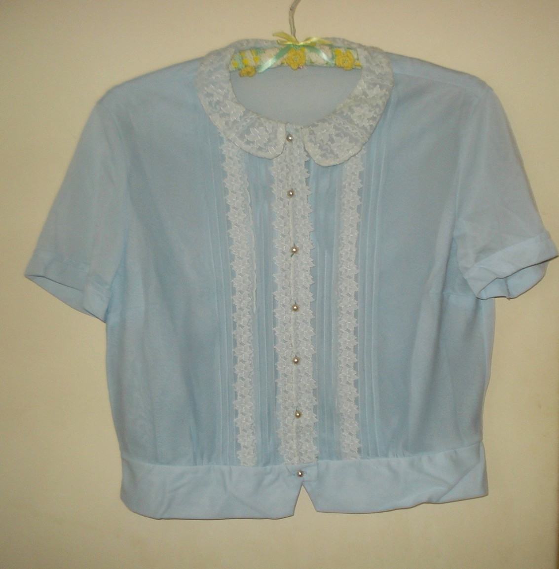 Vtg 40s Blue Nylon Office Blouse Lace Applique Trim Pearl Buttons LOVELY LADY 38