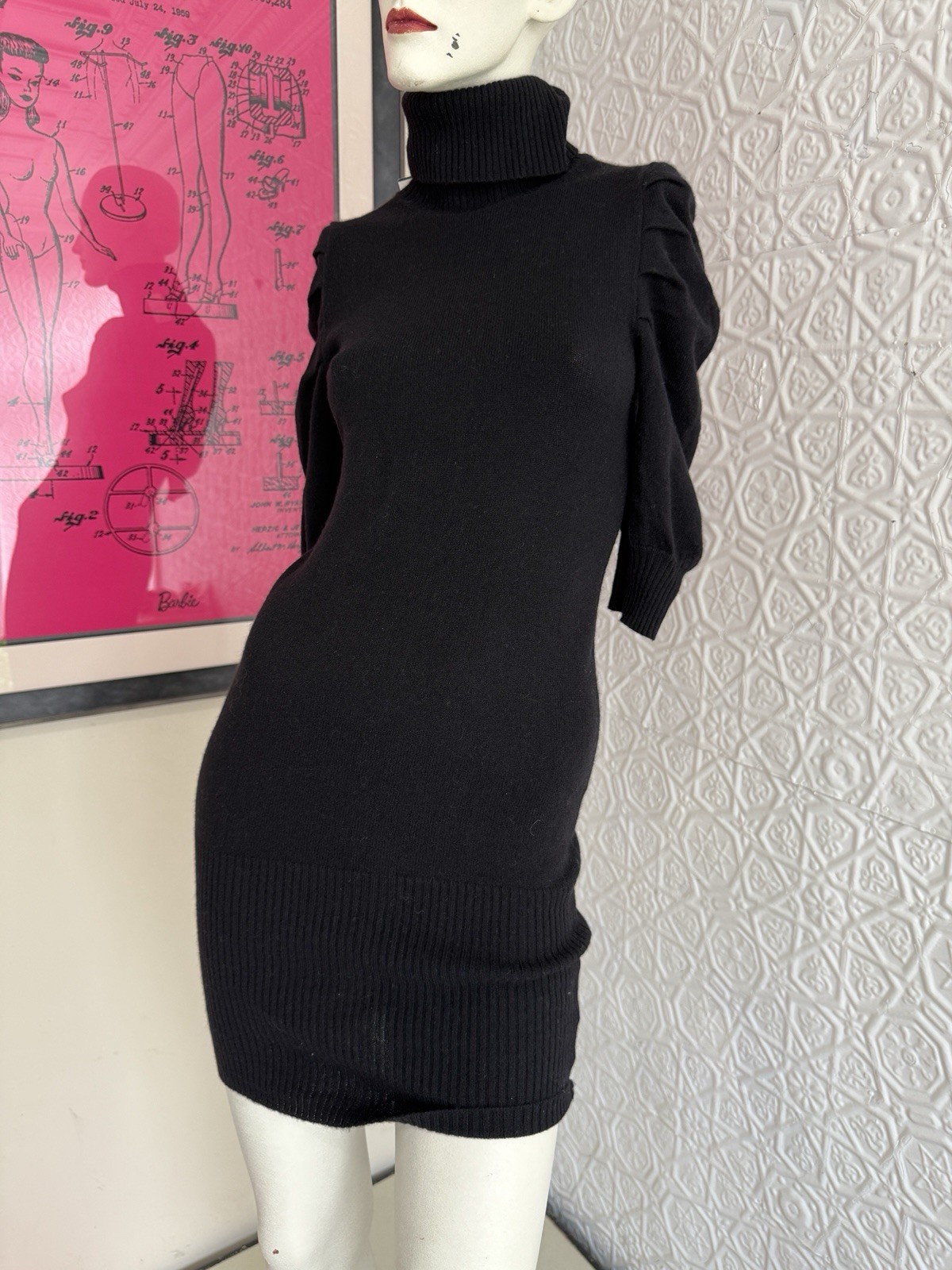 vintage 1990s/Y2K era Bebe Black Cashmere Sweater Dress Puff Sleeve