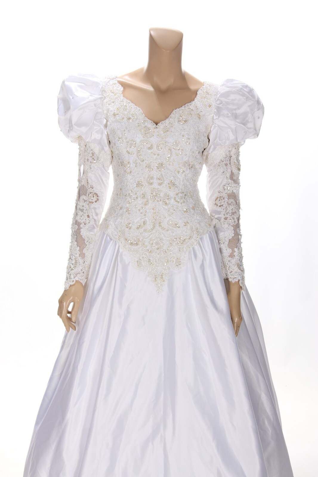Mon Cheri Vintage 80s 90s White Satin Alencon Lace Long Sleeve Wedding Dress 8