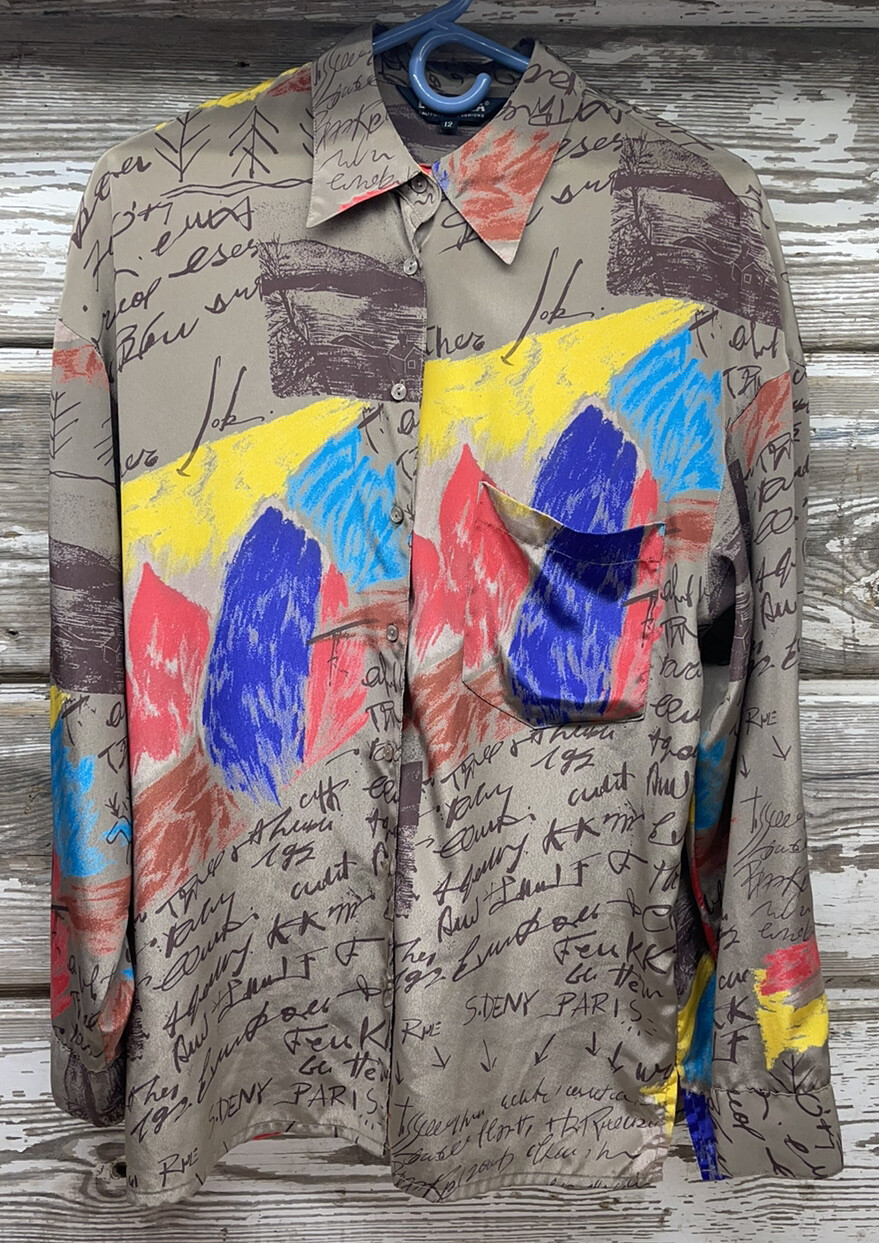 Vtg 70’s LOUBELLA Sz 12 Art Abstract semi sheer top EUC