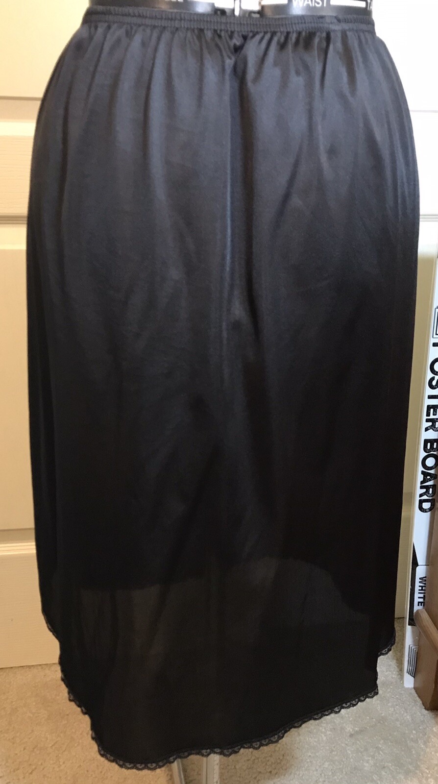 Vassarette Black 1/2 Slip L Elastic Waist USA Slit On Side Lace Trim Length 24”