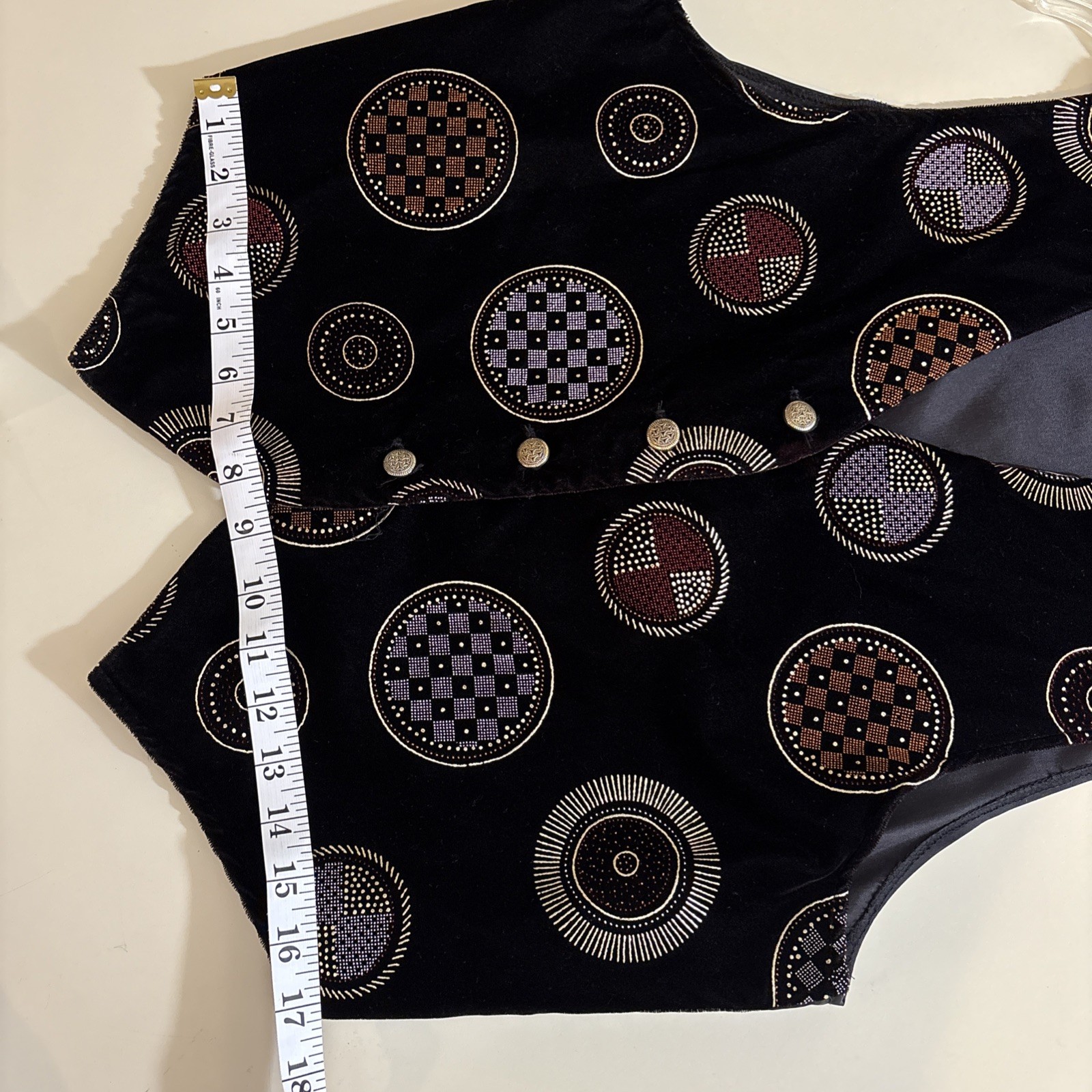 VTG Gold Links Velvet Vest SzL Black Gold Metallic Circle Eclectic Art Deco
