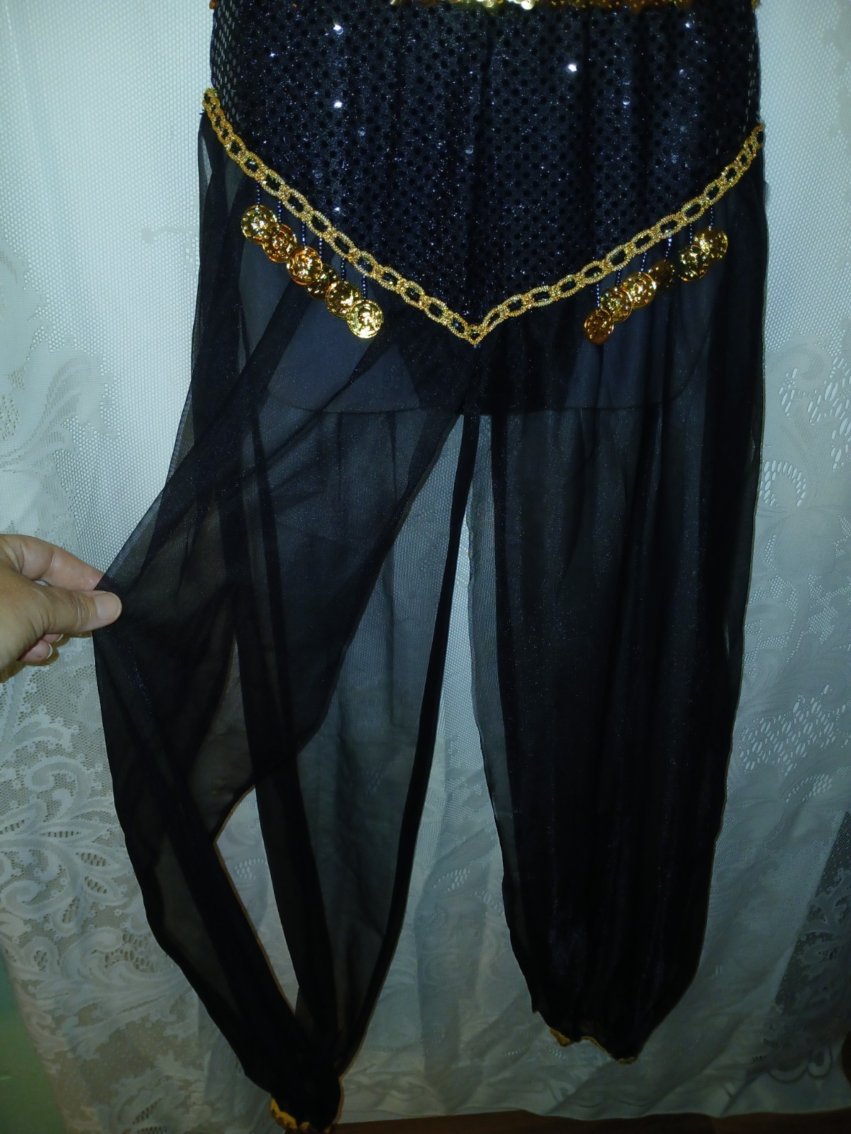 Vintage Belly Dancing Harem Genie Costume Black Chiffon Sequin Gold Coins XS