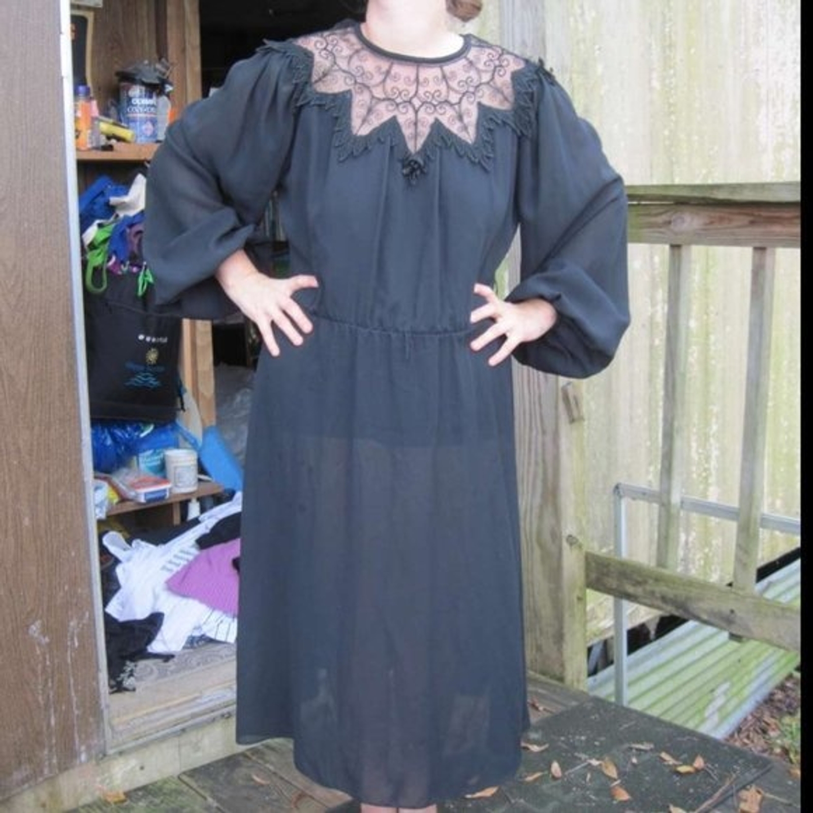 Argent Fille Ltd. Black 7 / 8 Dress Mesh Floral Neck Accent Translucent U.S.A.