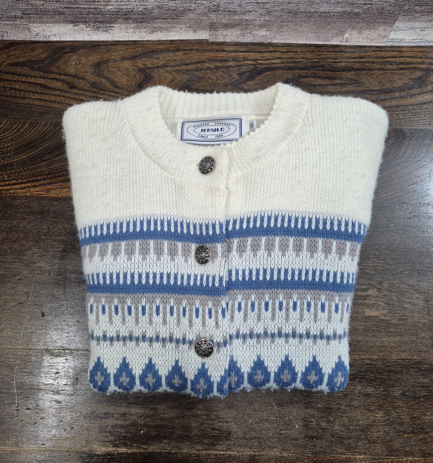 Vintage JERSILD Button Front Cardigan Sweater Nordic Fair Isle, Women’s Size 36