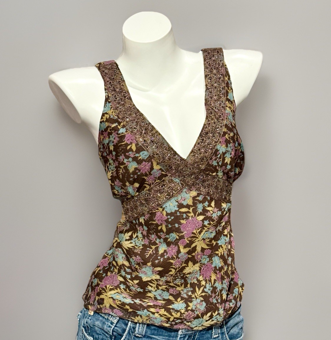 Vintage Y2k Silk Cami Tank Beaded Fairy Grunge Sheer Babydoll Dainty Floral 10