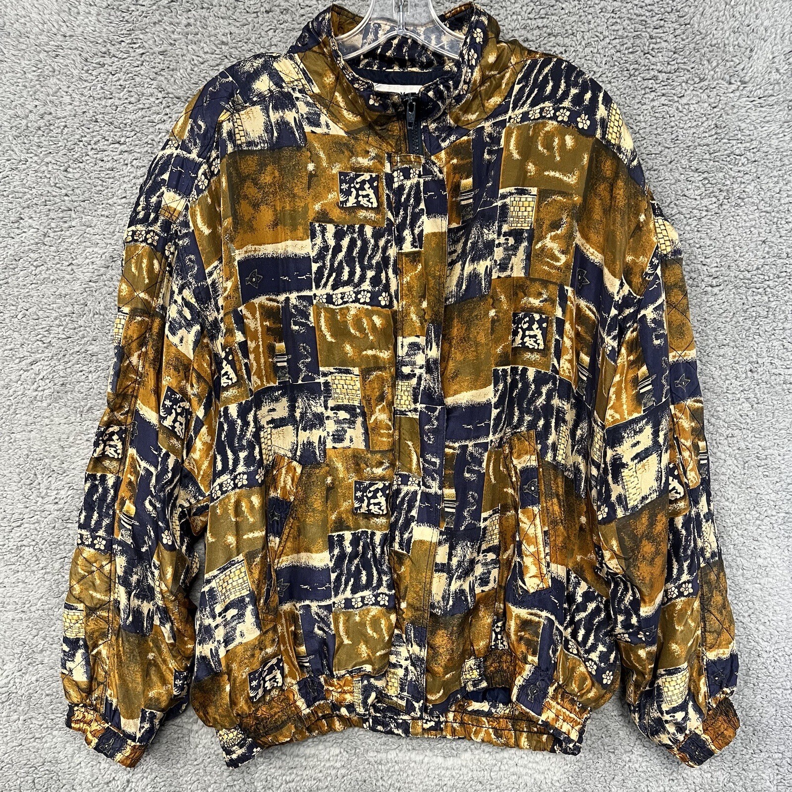 VTG 80s Nouveau Monde Jacket Size XL 100% Silk Bomber Pocket Zip Abstract Print