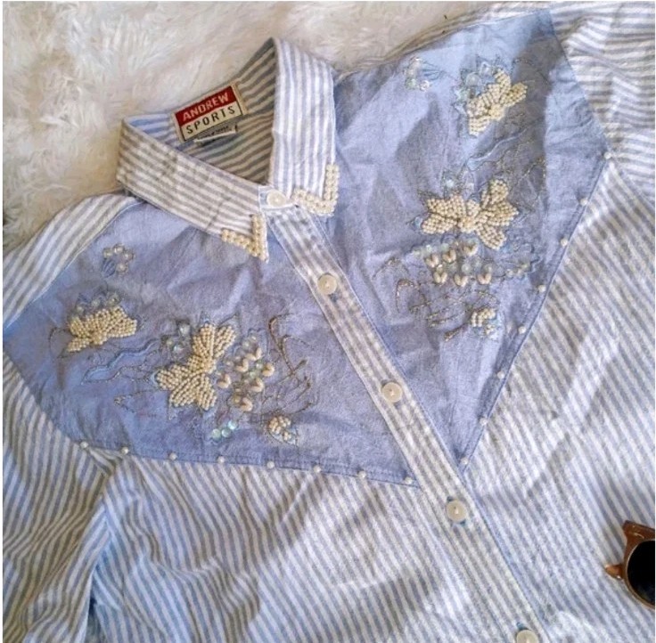 Vtg 80s Glam Maximalism Andrew Sport Pearl & Sequin Blue Cotton Stripe Shirt M
