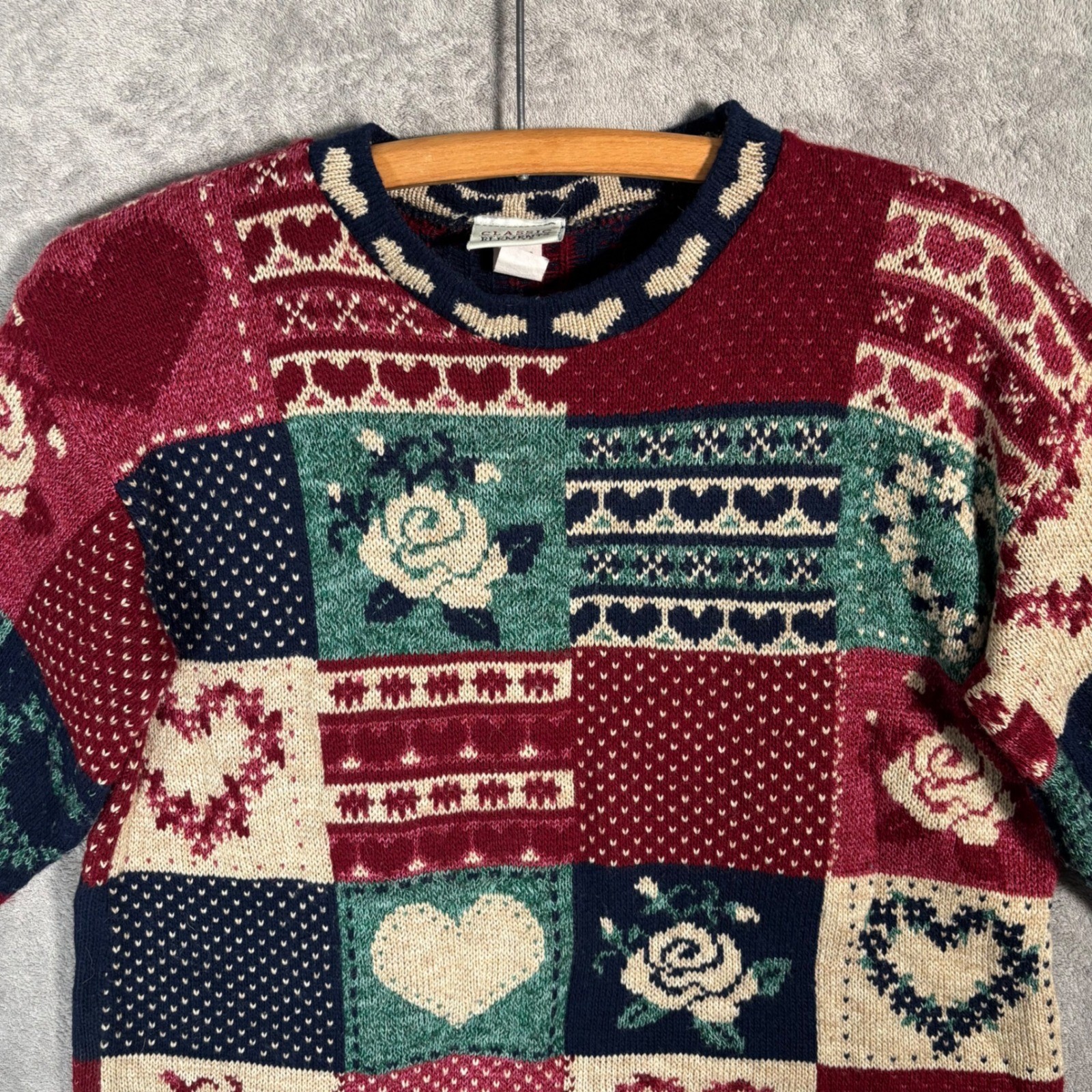Classic Elements Vintage 90s Patchwork Heart Rose Knit Sweater Petite Large USA