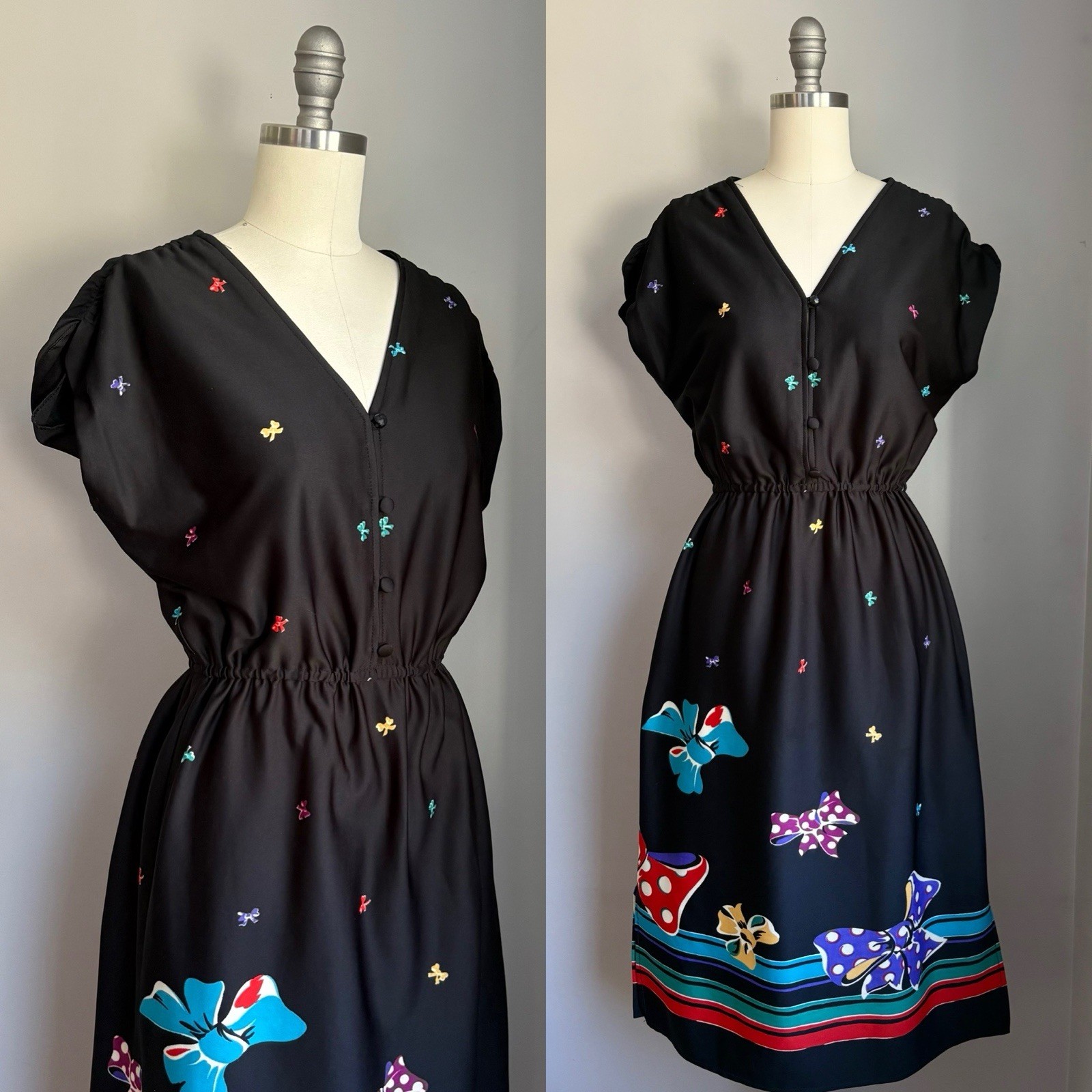 Vintage 1970’s Pop Art Bow Print on Jet Black Dress France Size S/M