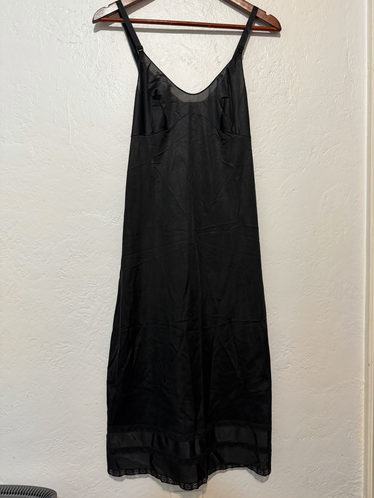 VTG Sears Black Full Slip Dress Lace Trim 34 XS Coquette Goth 80s Midi Lingerie