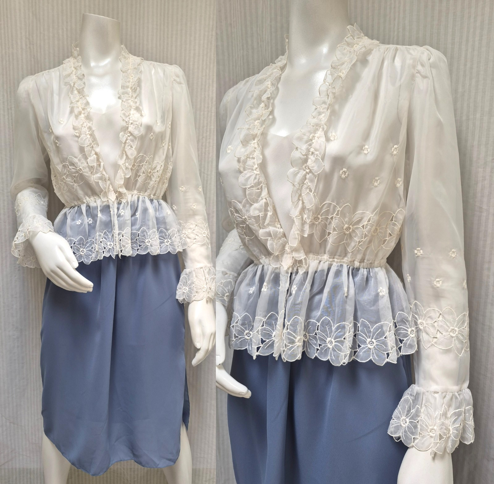 Vintage 1970’s Blue & White Dress with Sheer Floral Peplum Jacket – Size M