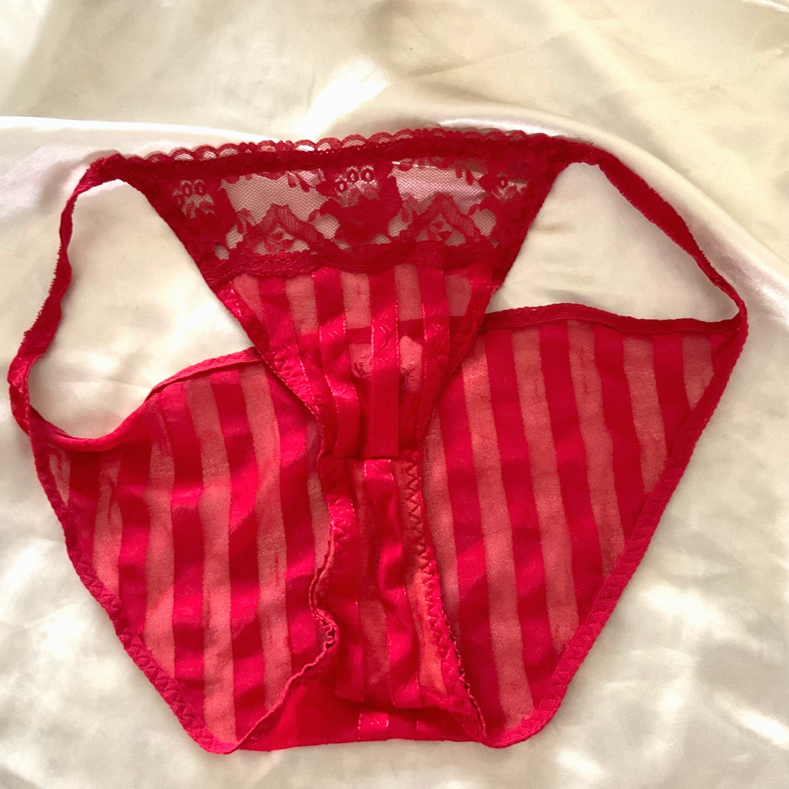 Vintage Sheer Red Chiffon & Lace String Bikini SISSY Panties USA Waist 32”34