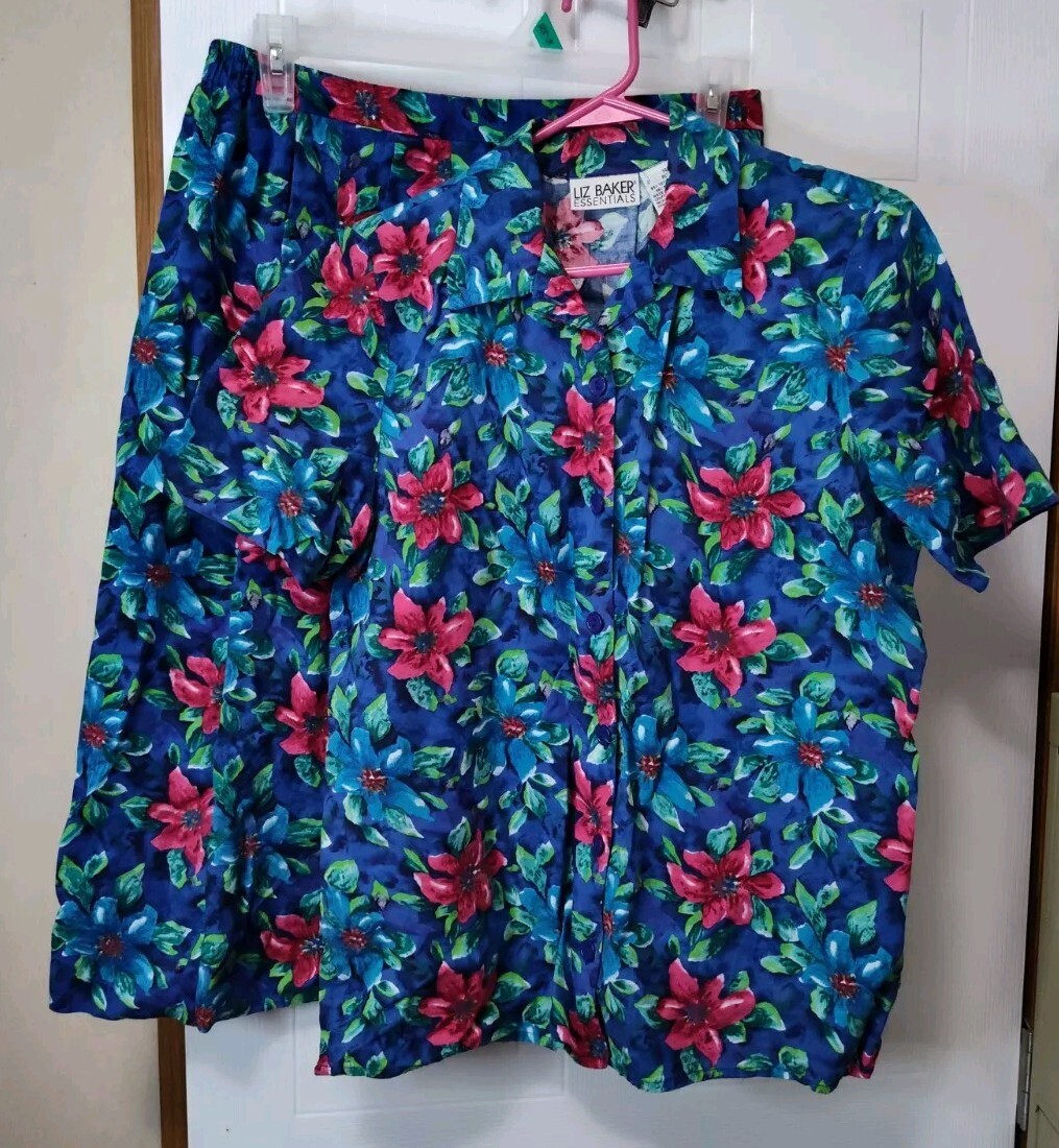Vintage Liz Baker Essentials Button Red Flower Women Top 14P & Skirt 16 Set Blue