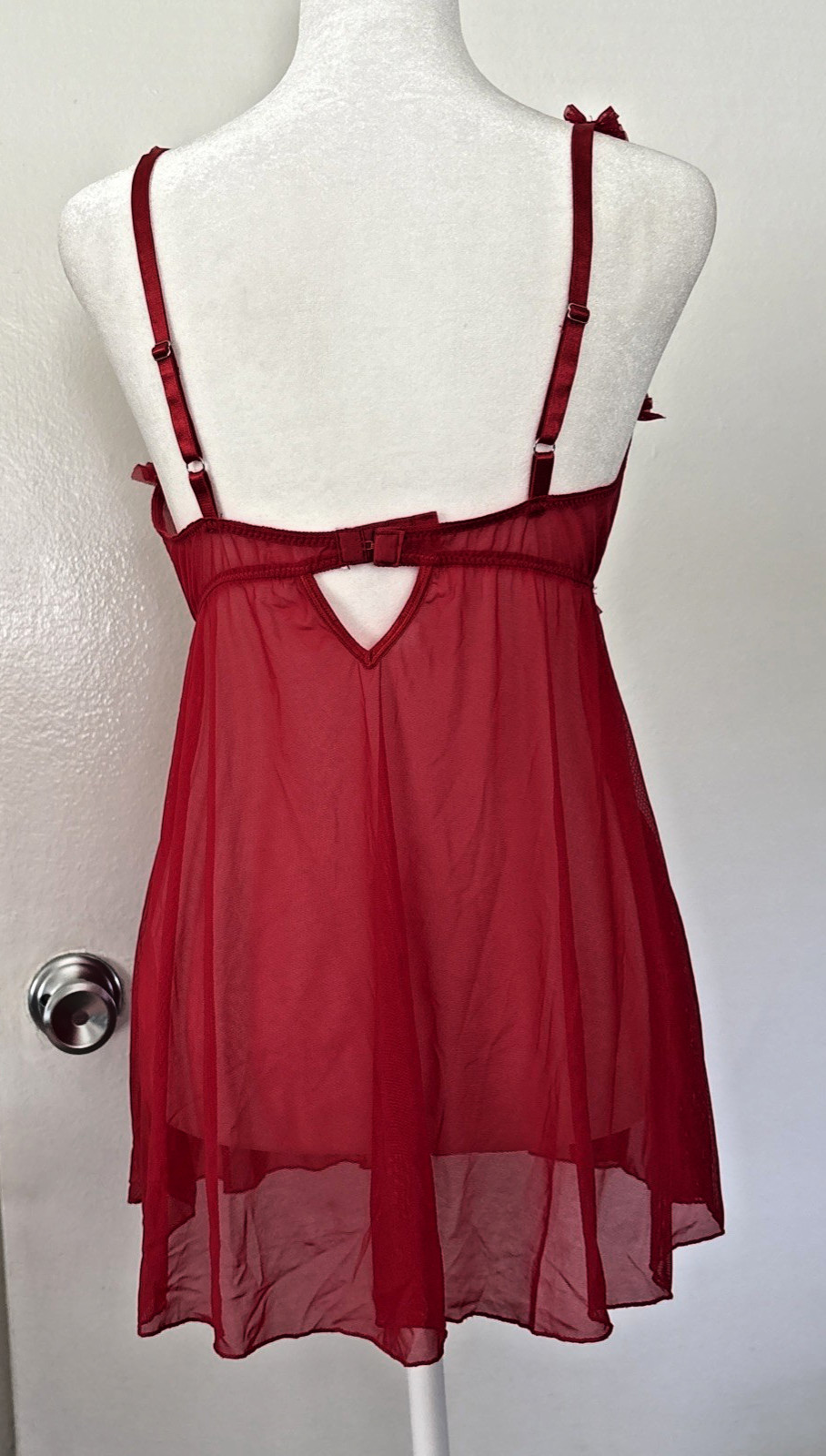 Vtg Fredericks of Hollywood L BabyDoll Slip Sheer Red Lace Coquette Burlesque