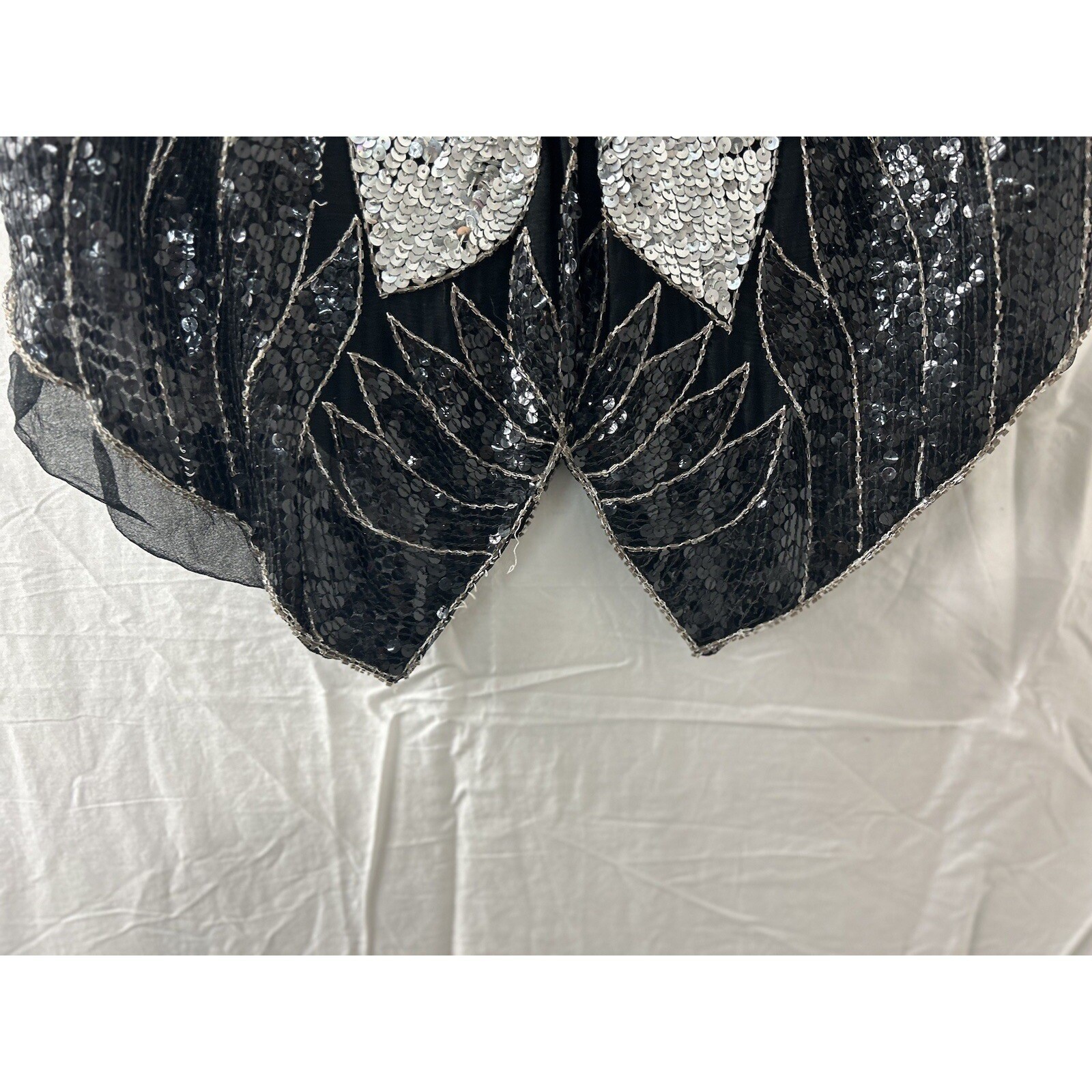 Vintage Butterfly Sequin Silk Top OS Black Silver Beaded Glam Art Deco Gatsby