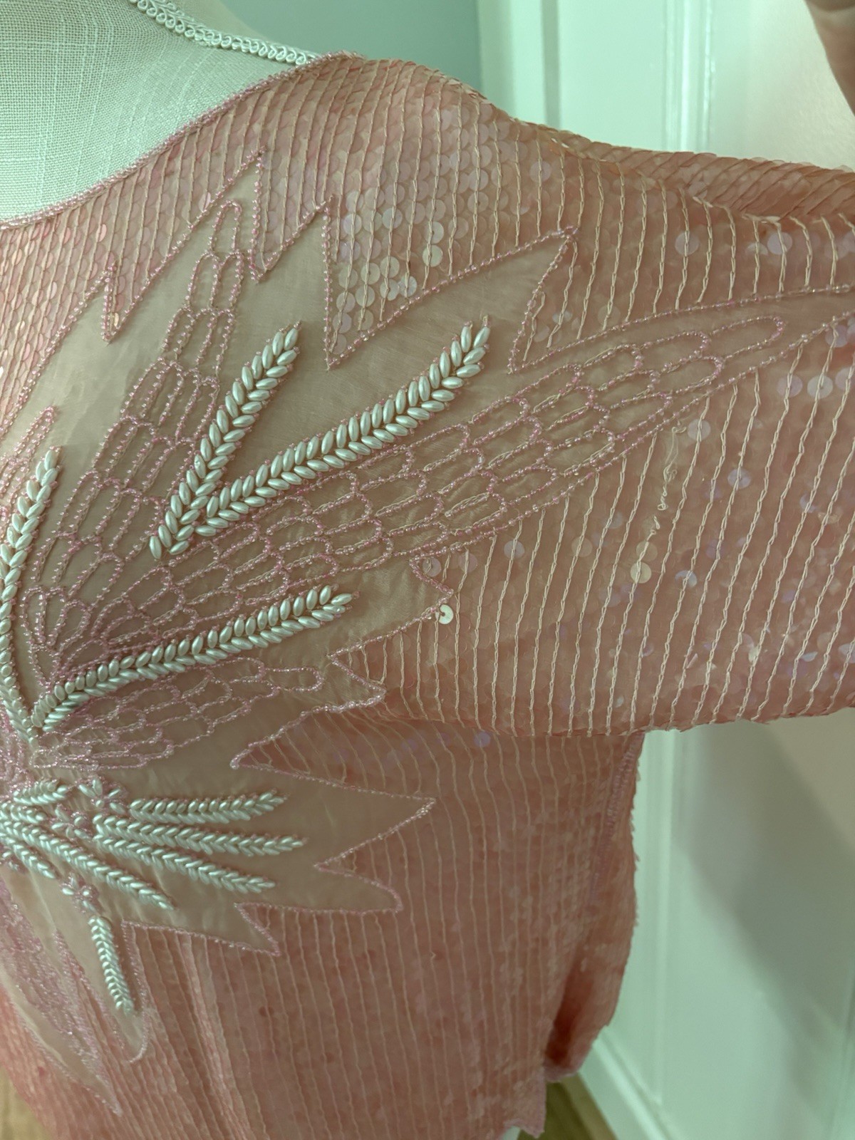 Vintage 80s Hand Beaded 100% Silk Top Pastel Pink Sequin. NWT!M Deadstock. India