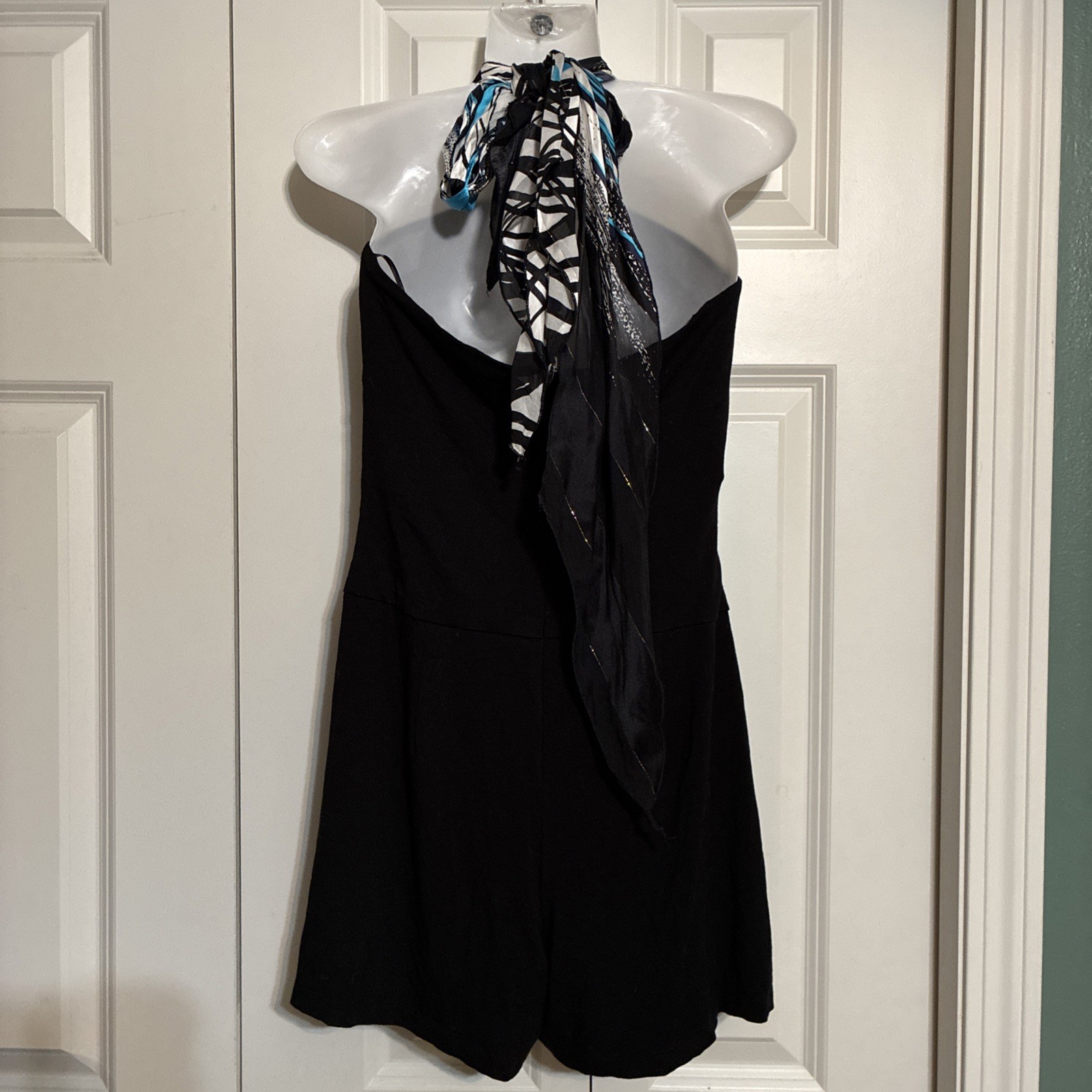 Vintage Cache Black Halter Dress Romper Y2K Blue Scarf Neckline