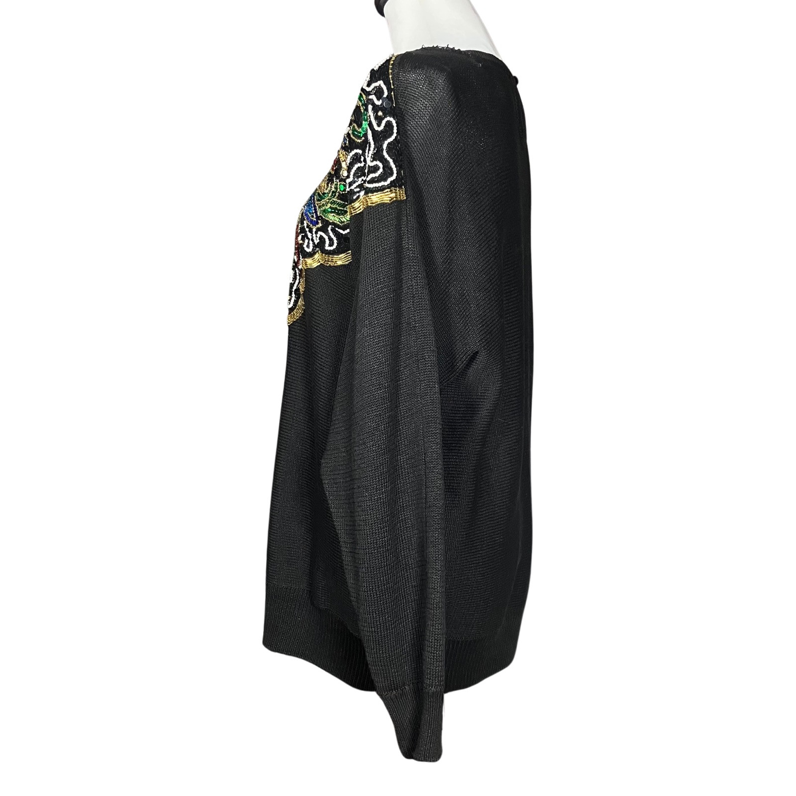 Vintage 80s Heavily Beaded Sequin Sweater. M/L. Black, Colorful, Gold Maximalism