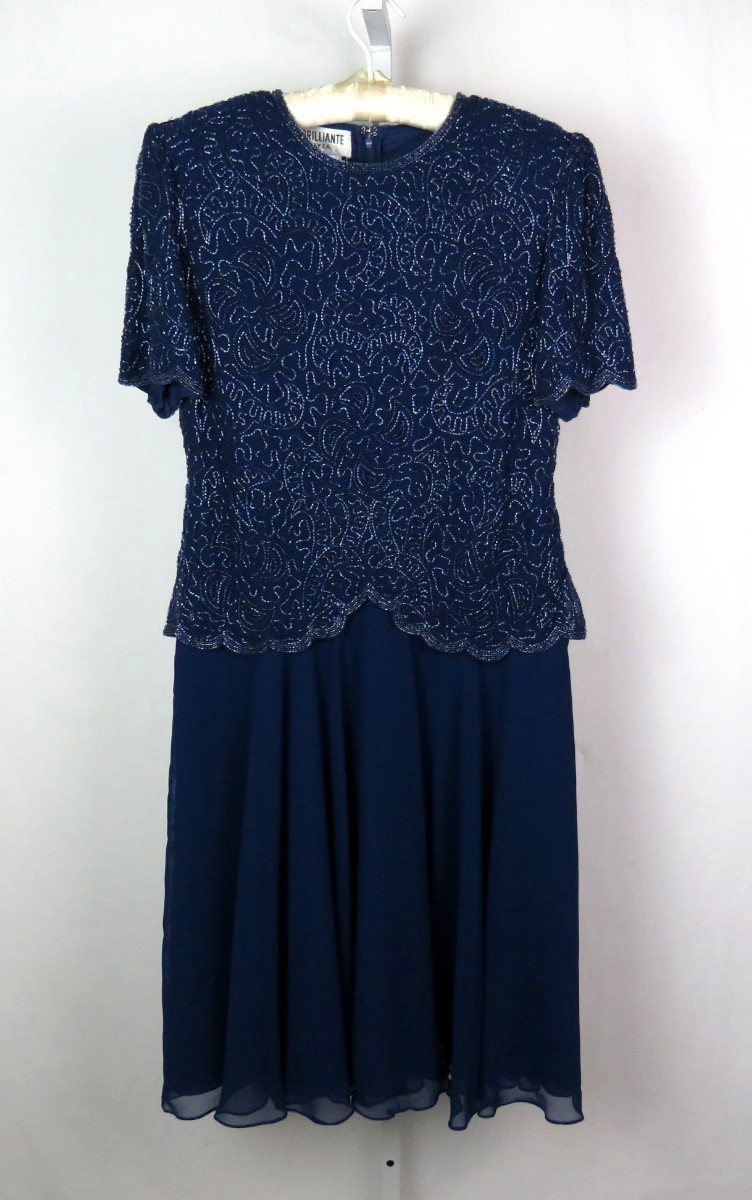 VTG 1980s BRILLIANTE BY JA BLUE BEADED DRESS SIZE PM POLY CHIFFON