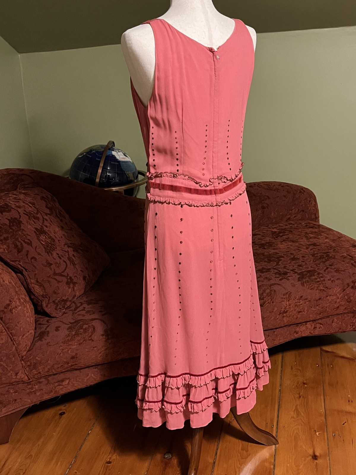 Vintage Anthropologie Lithe Dress- Size 4- Pink Ruffle- Red Velvet & Silk Lining