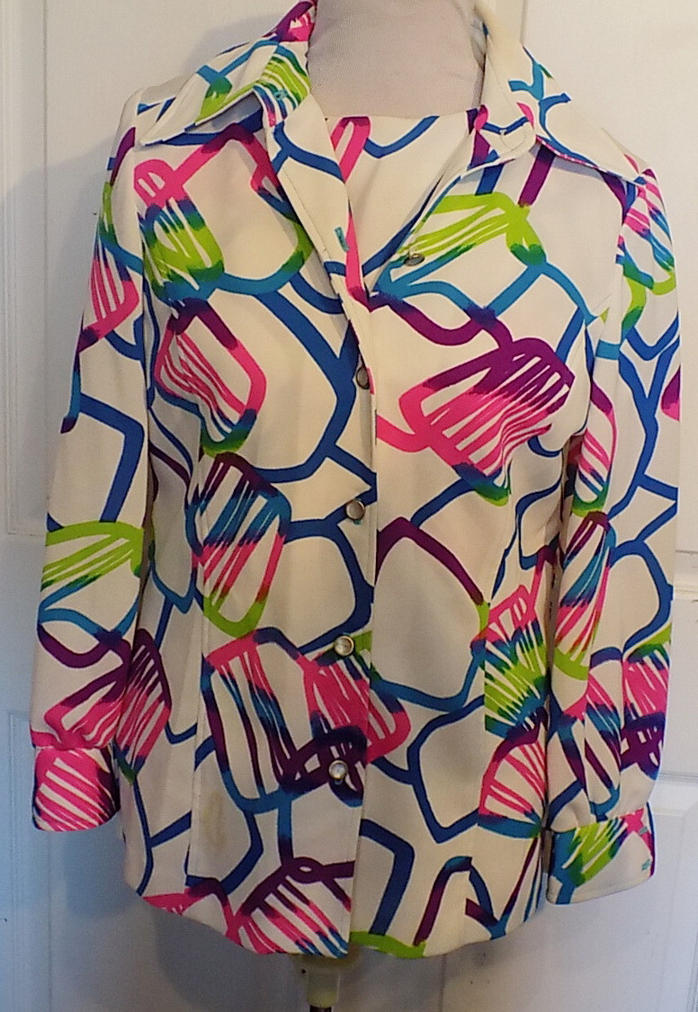Vintage 70s Polyester Knit Shell Blouse Set Multi Color Lines Mark VII Ltd 16 **