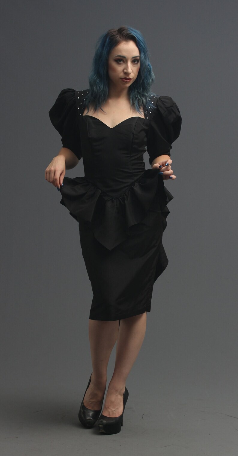 ZumZum 80s Black Avant Garde Dress Sweetheart Peplum Bustle Keyhole XS-S