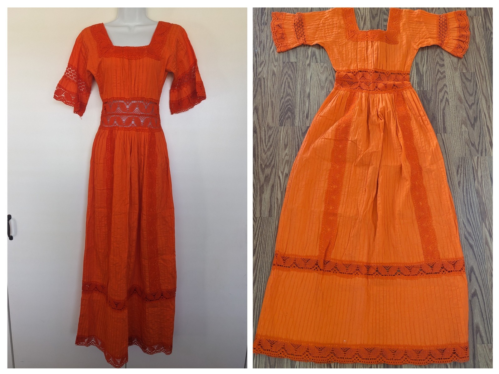 Vintage Orange Cotton Pintuck Crochet Lace Mexican Boho Peasant Dress Maxi 70s