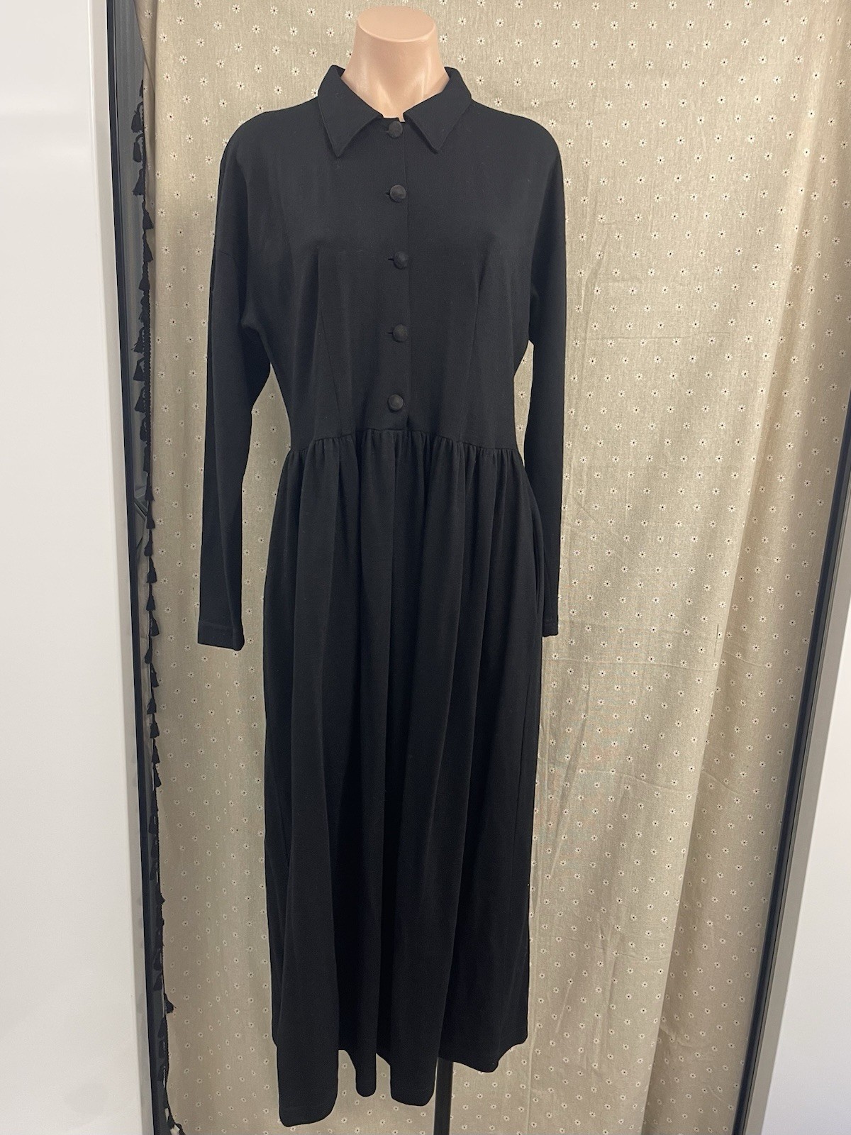 Vtg Jacqueline West Dress 100% Wool 2 Small Maxi Swing Black Collar Long Sleeve