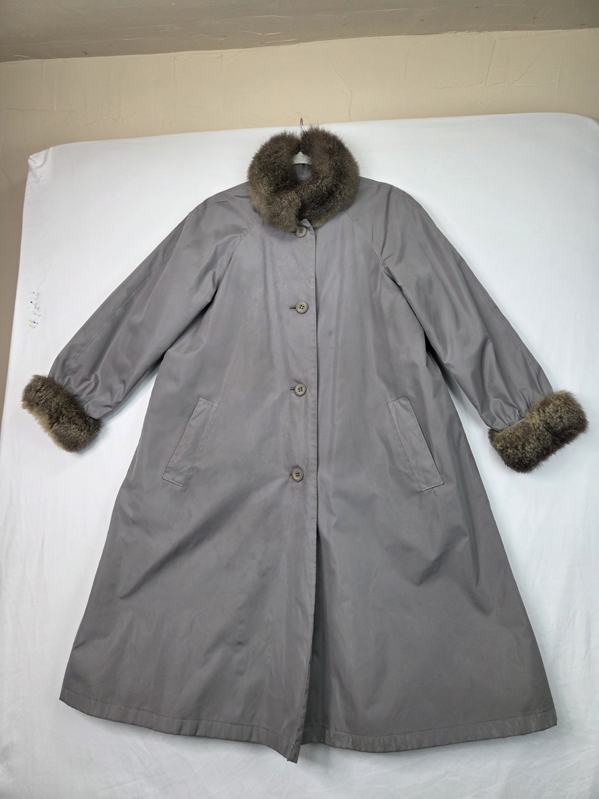Vintage Bonnie Cashin for Russel Taylor Weatherwear Gray Fur Trim Coat USA Sz 10