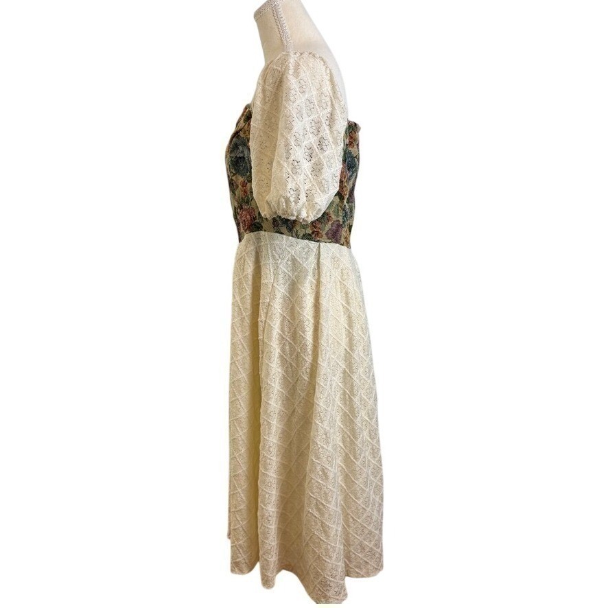 SHEIN Floral Midi Dress L Lace Trim Puff Sleeve Cottagecore Renaissance Milkmaid
