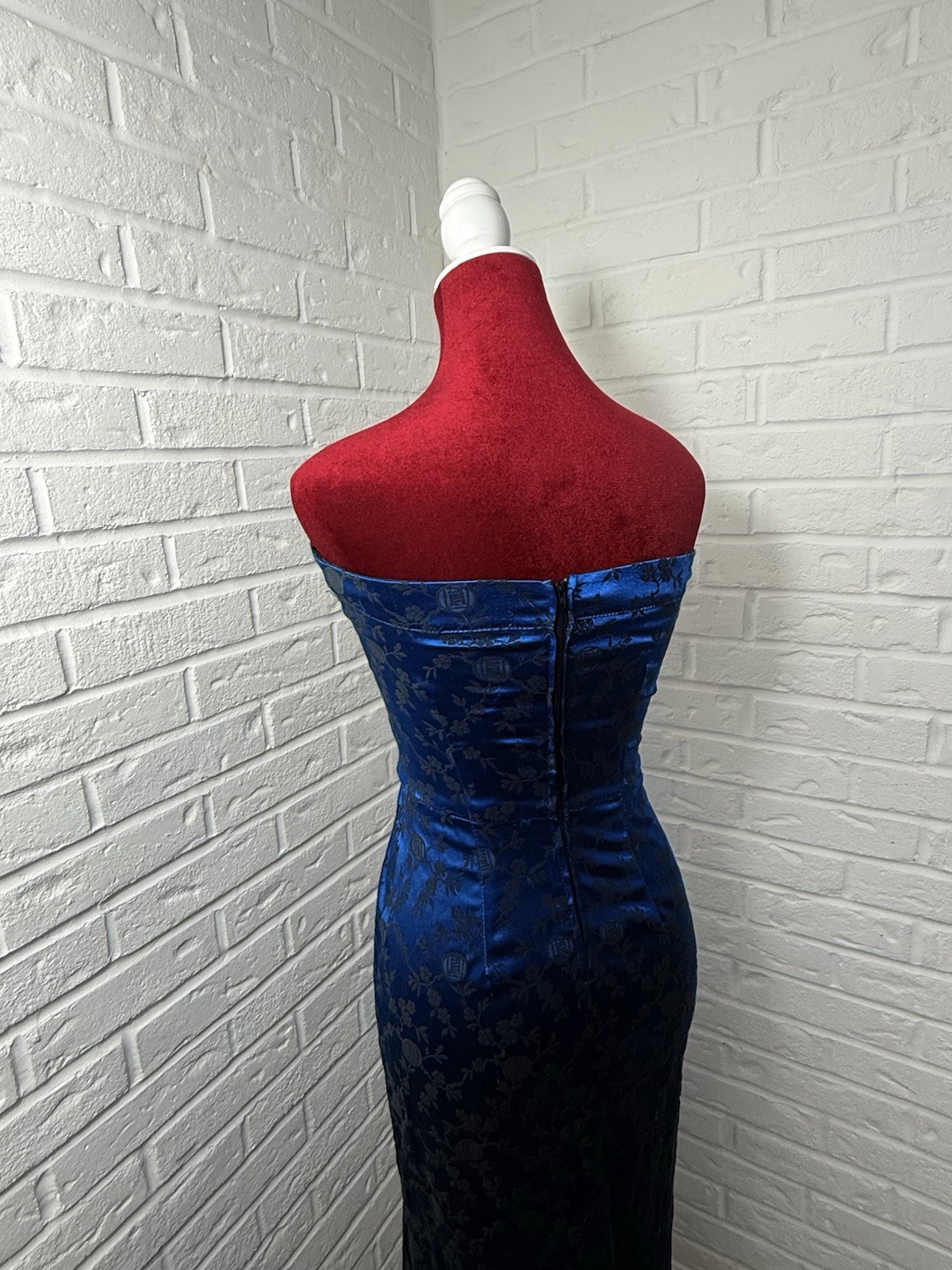 Vintage 90s L.A. Glo S Blue Black Floral Brocade Strapless Maxi Dress USA