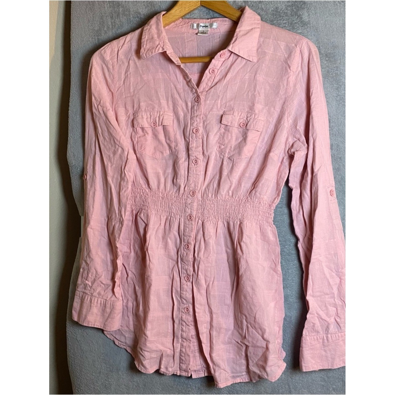 Vintage Papaya Pink button up Long Sleeve Bella Babydoll lightweight top large