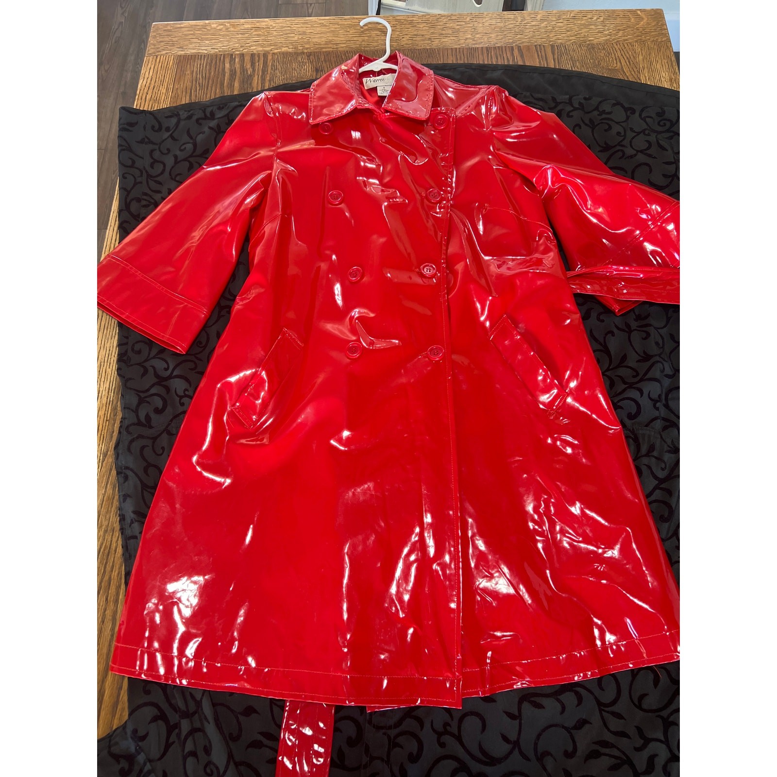 VTG 80s Red Patent Trench Coat Vinyl PVC Glossy Belted Mod Rain Jacket
