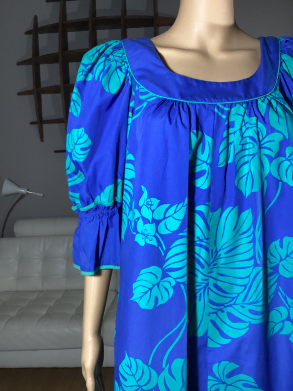 Vintage Princess Kaiulani Palm Leaves Ruffle Hawaiian Muumuu Dress Tiki Luau
