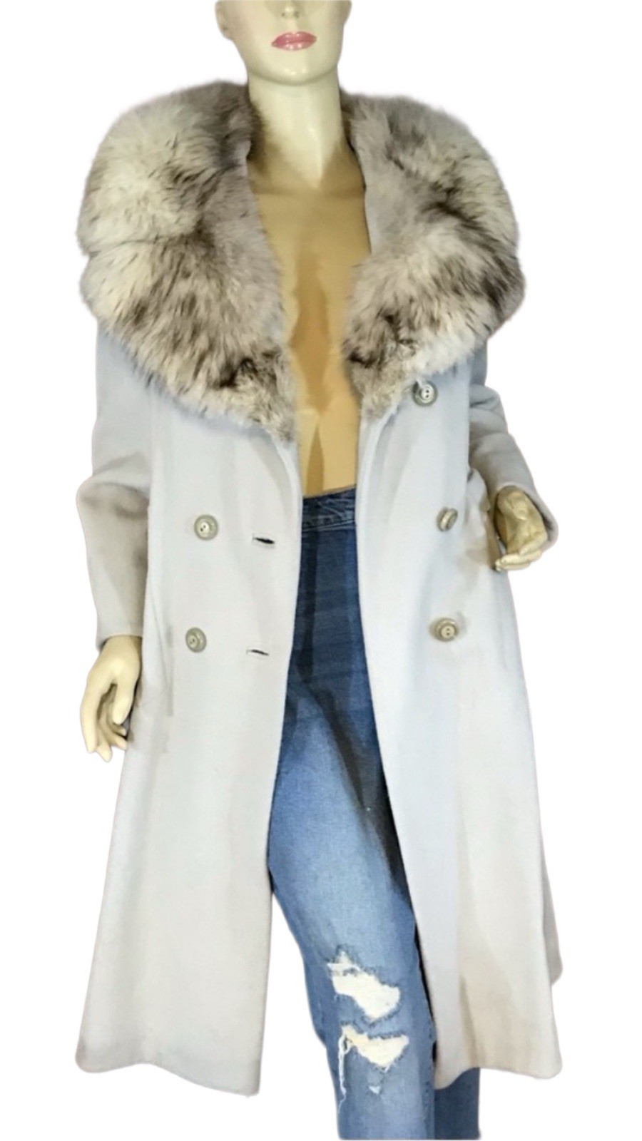 VINTAGE CIRCA 1970’S SABRINA GRAY WOOL AND FOX FUR COLLAR COAT SZ APPX SMALL